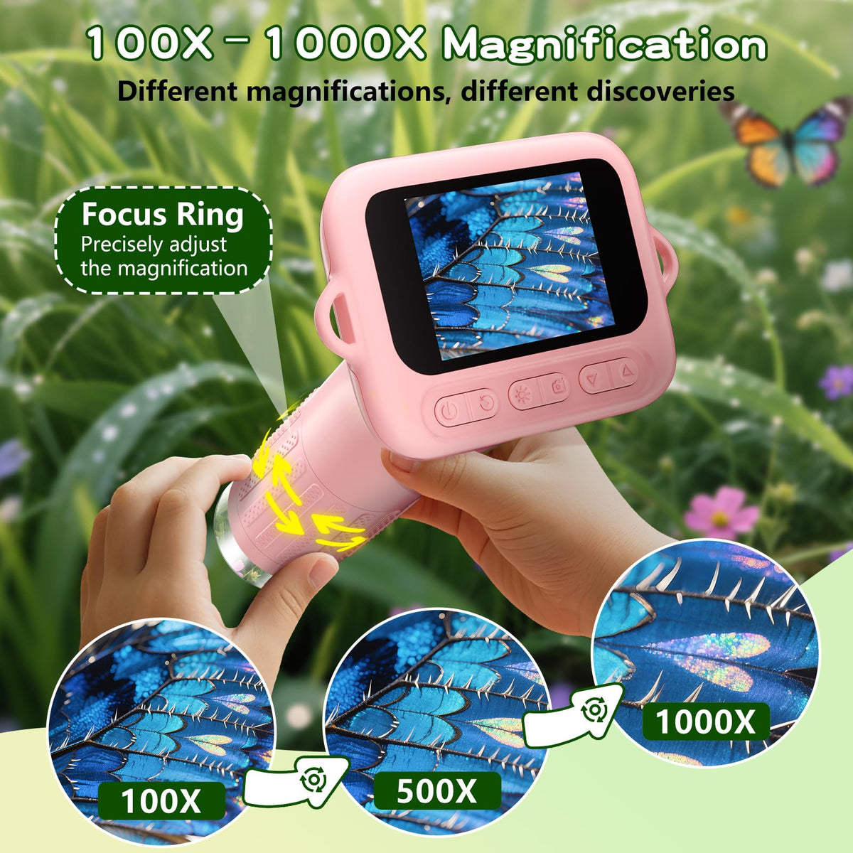 Odatay Kids Microscope – 100X–1000X, 1080P Camera, 2-Inch IPS Screen, 8 LED Lights, 12 Slides – Pink