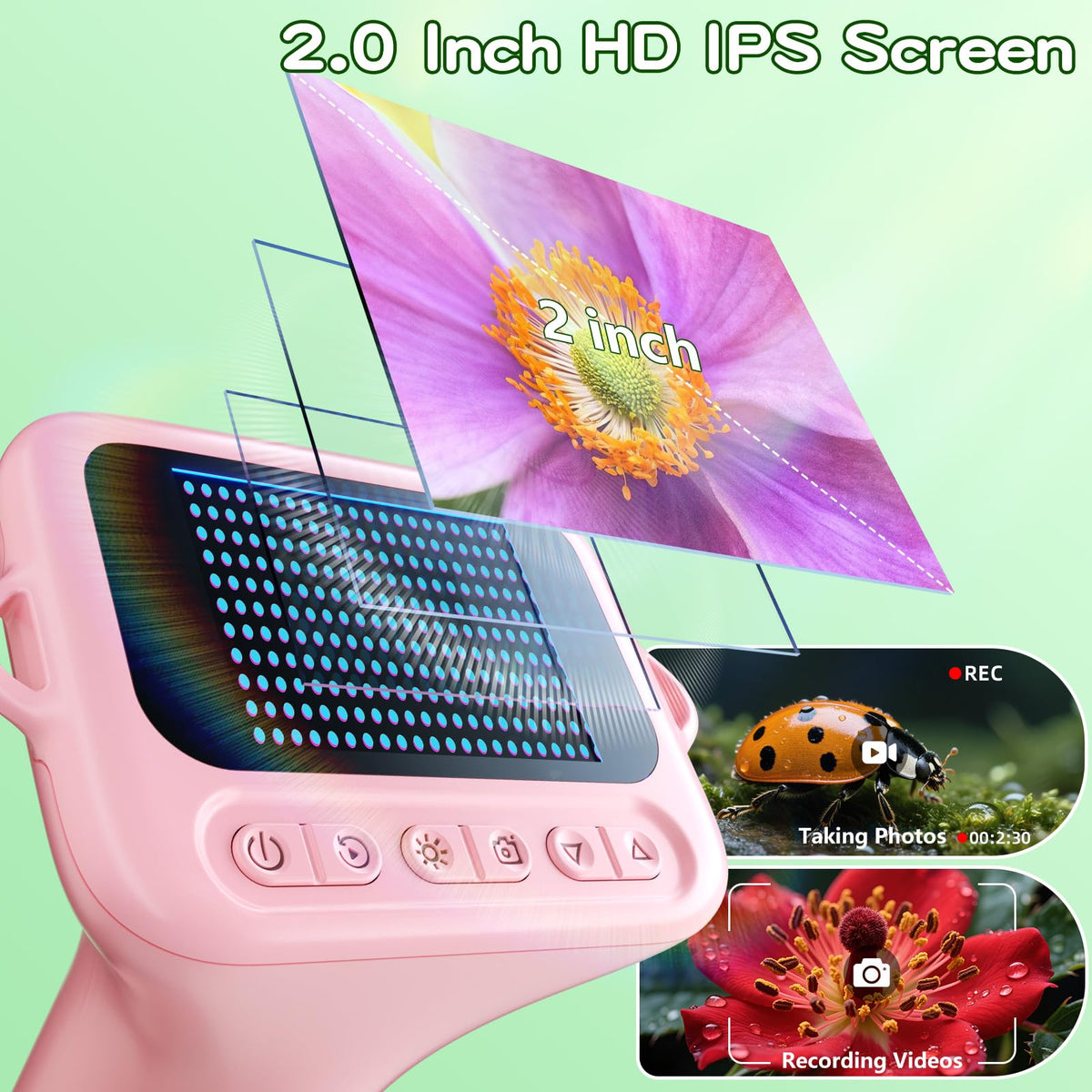 Odatay Kids Microscope – 100X–1000X, 1080P Camera, 2-Inch IPS Screen, 8 LED Lights, 12 Slides – Pink