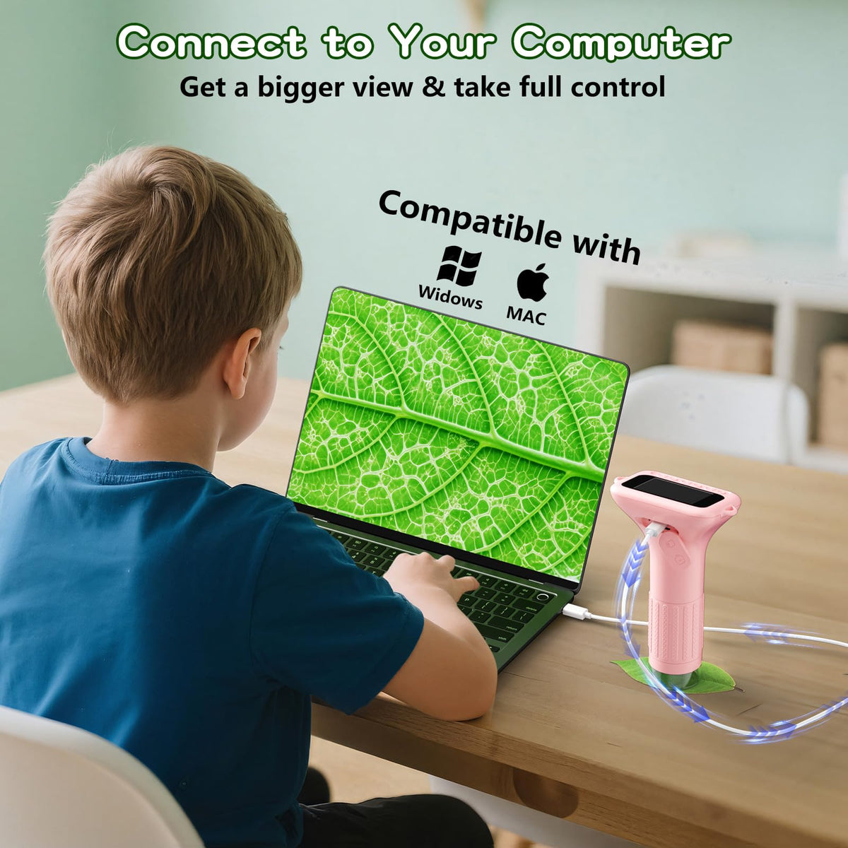 Odatay Kids Microscope – 100X–1000X, 1080P Camera, 2-Inch IPS Screen, 8 LED Lights, 12 Slides – Pink