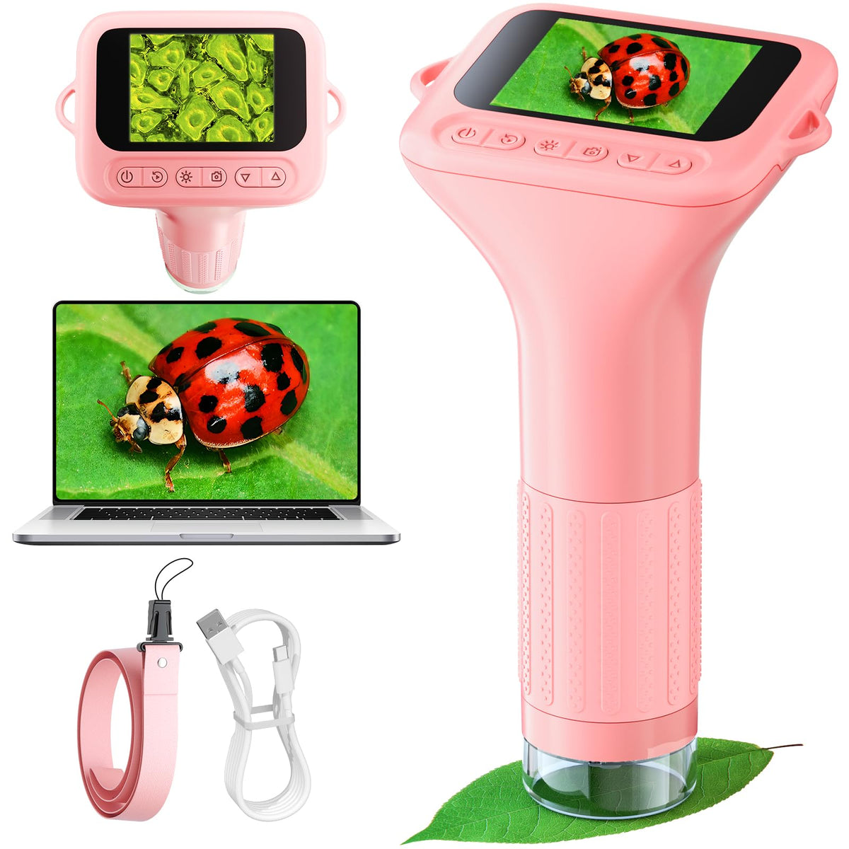 Odatay Kids Microscope – 100X–1000X, 1080P Camera, 2-Inch IPS Screen, 8 LED Lights, 12 Slides – Pink