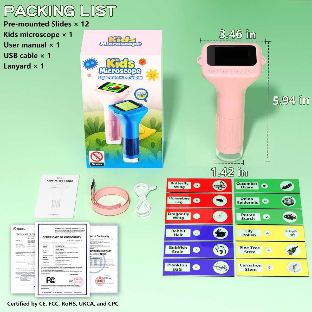 Odatay Kids Microscope – 100X–1000X, 1080P Camera, 2-Inch IPS Screen, 8 LED Lights, 12 Slides – Pink