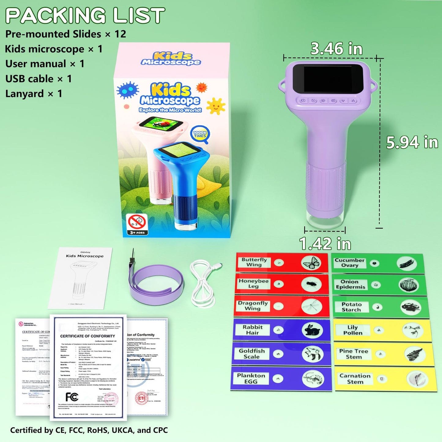 Odatay Microscope for Kids – 100X–1000X Digital Handheld Microscope with 12 Slides (Purple)