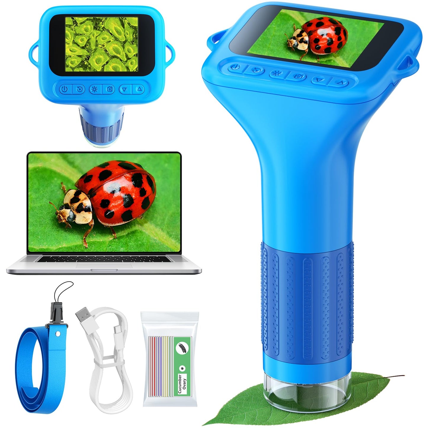 Odatay Microscope for Kids - 100X-1000X 1080P Handheld Microscope with 12 Slides - Portable Blue