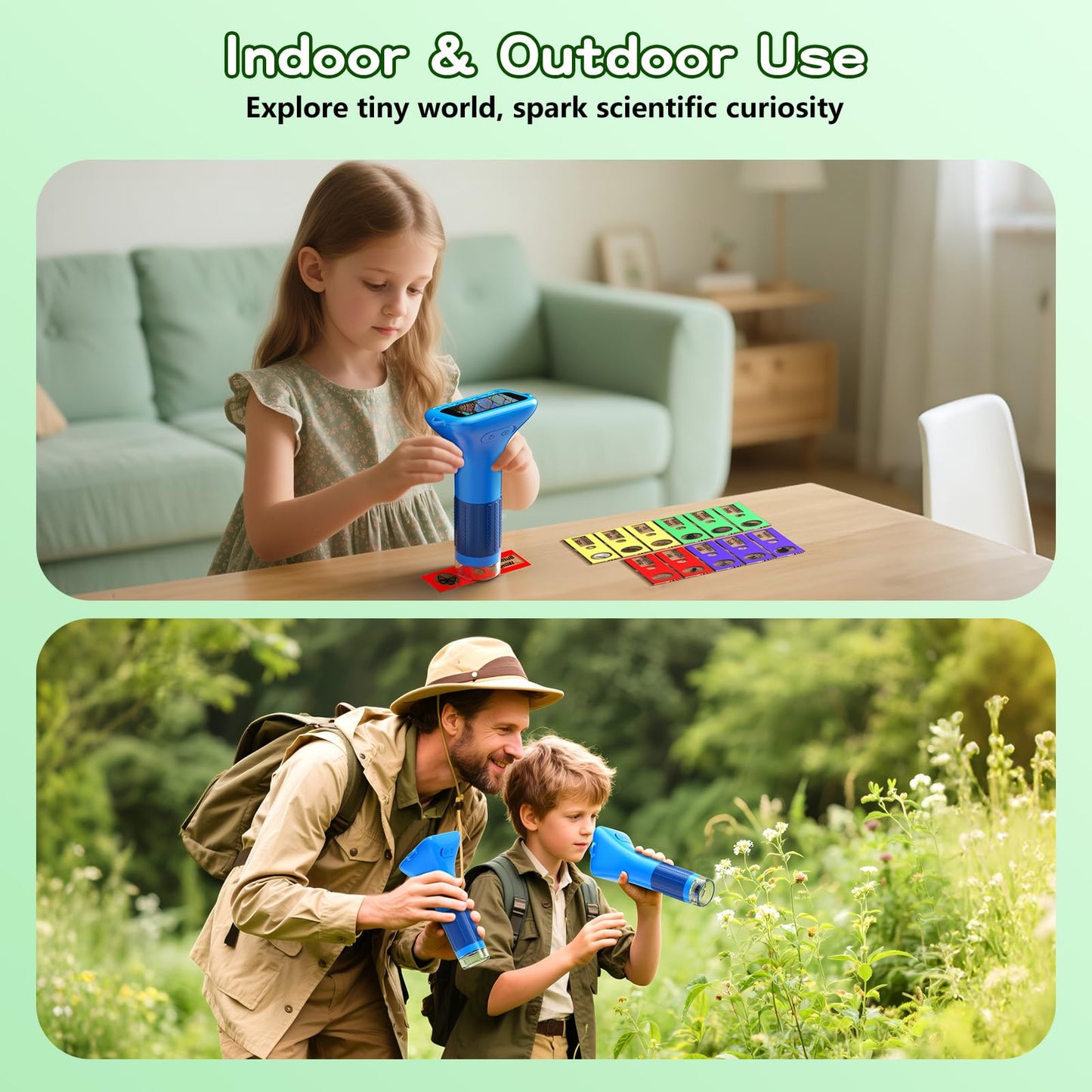 Odatay Microscope for Kids - 100X-1000X 1080P Handheld Microscope with 12 Slides - Portable Blue