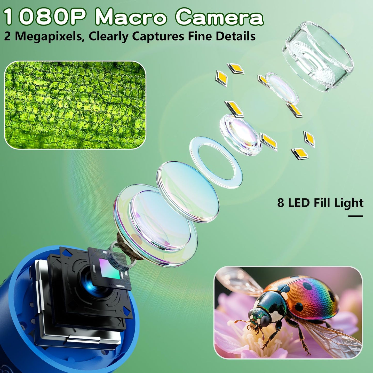 Odatay Microscope for Kids - 100X-1000X 1080P Handheld Microscope with 12 Slides - Portable Blue
