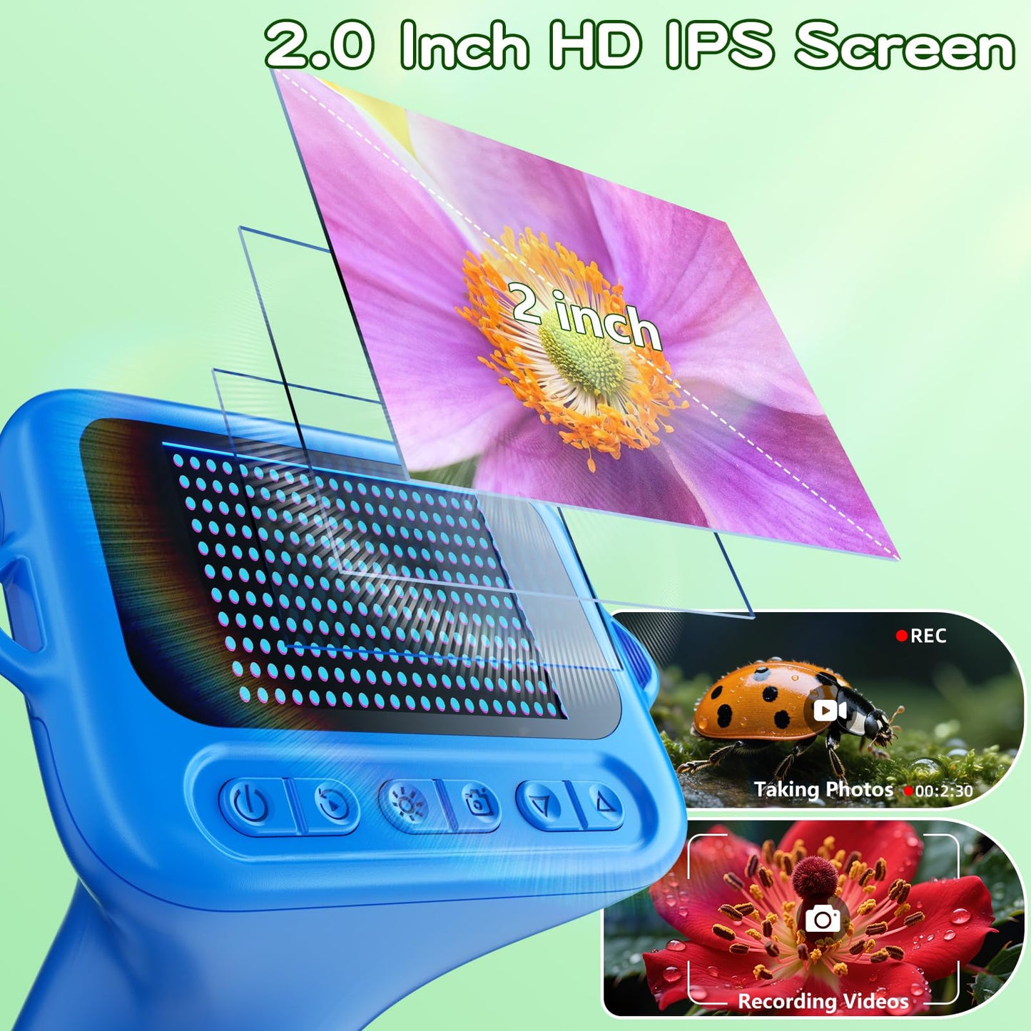 Odatay Microscope for Kids - 100X-1000X 1080P Handheld Microscope with 12 Slides - Portable Blue