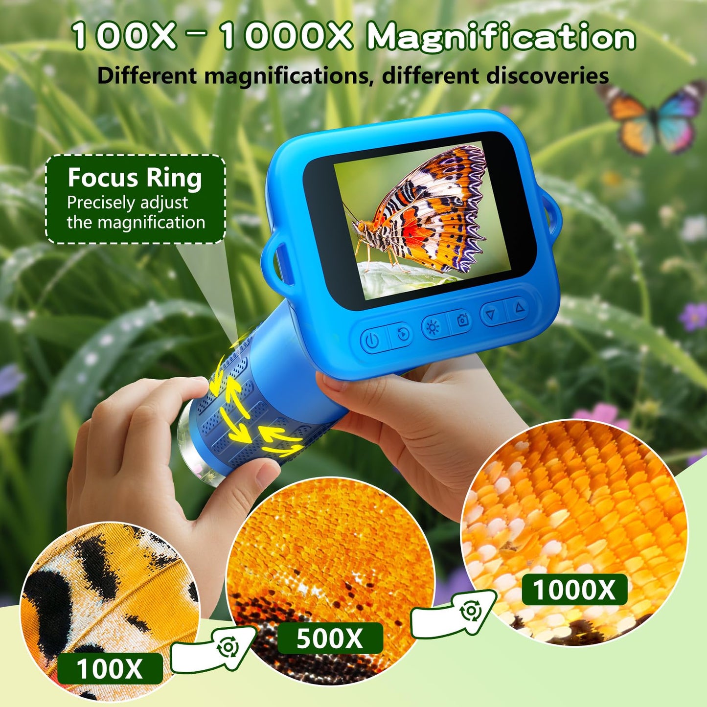 Odatay Microscope for Kids - 100X-1000X 1080P Handheld Microscope with 12 Slides - Portable Blue