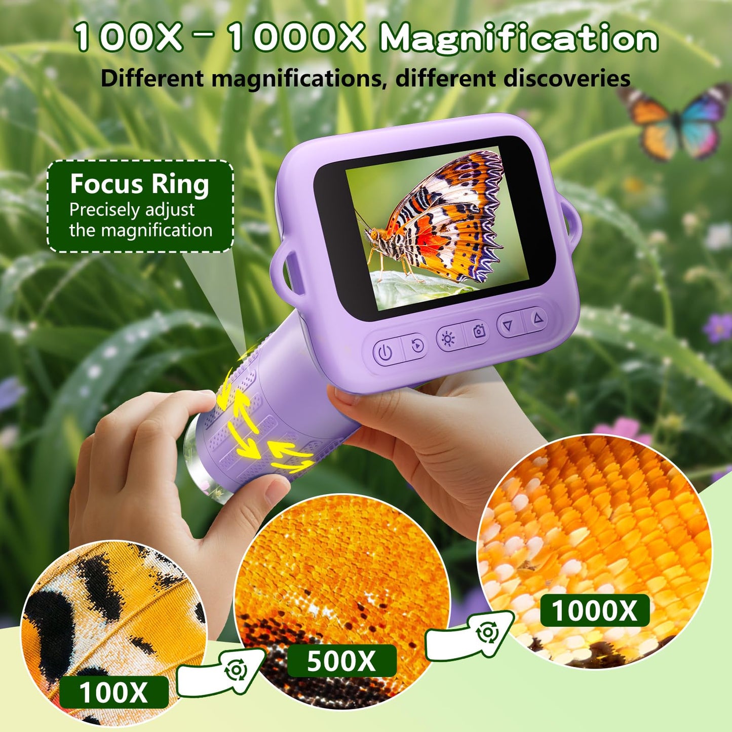 Odatay Microscope for Kids – 100X–1000X Digital Handheld Microscope with 12 Slides (Purple)