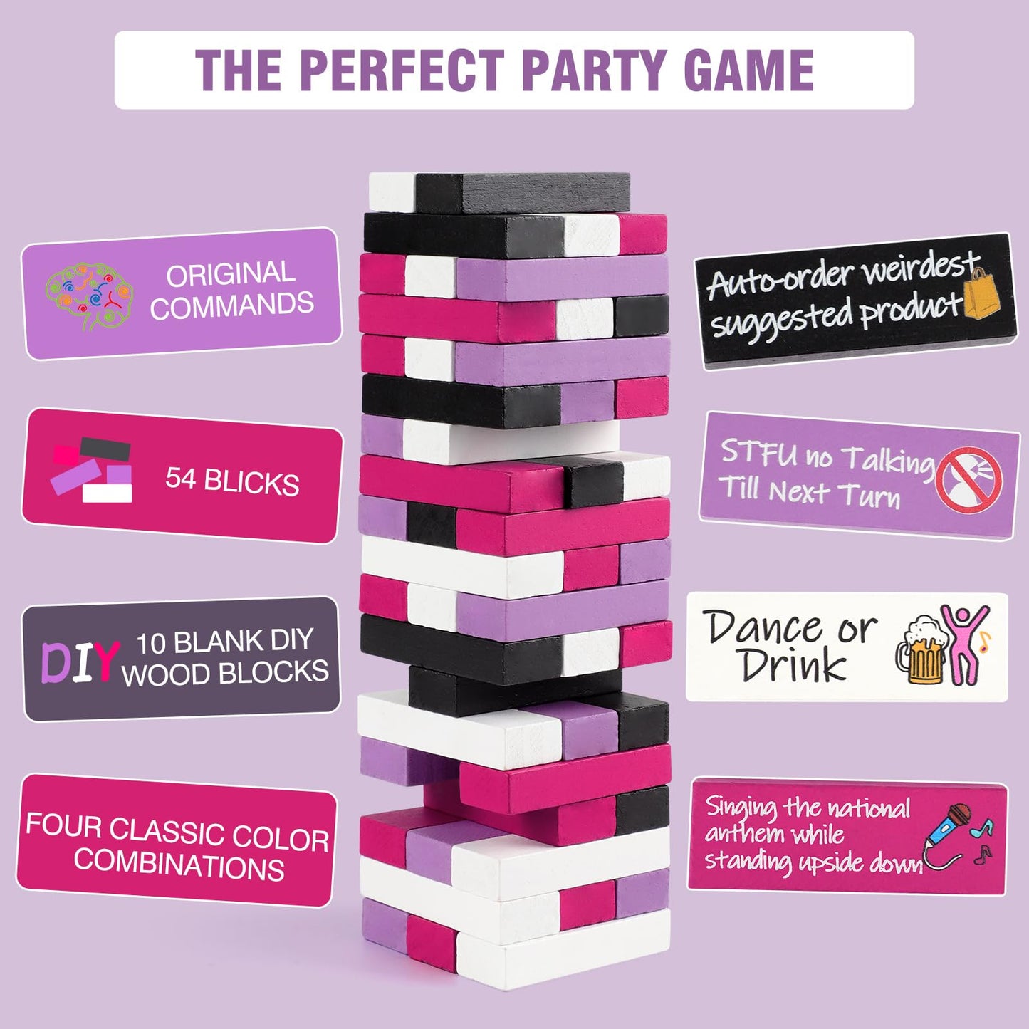 Odewhine 54-Piece Drinking Game Blocks for Adults – 44 Challenges & 10 DIY Blanks