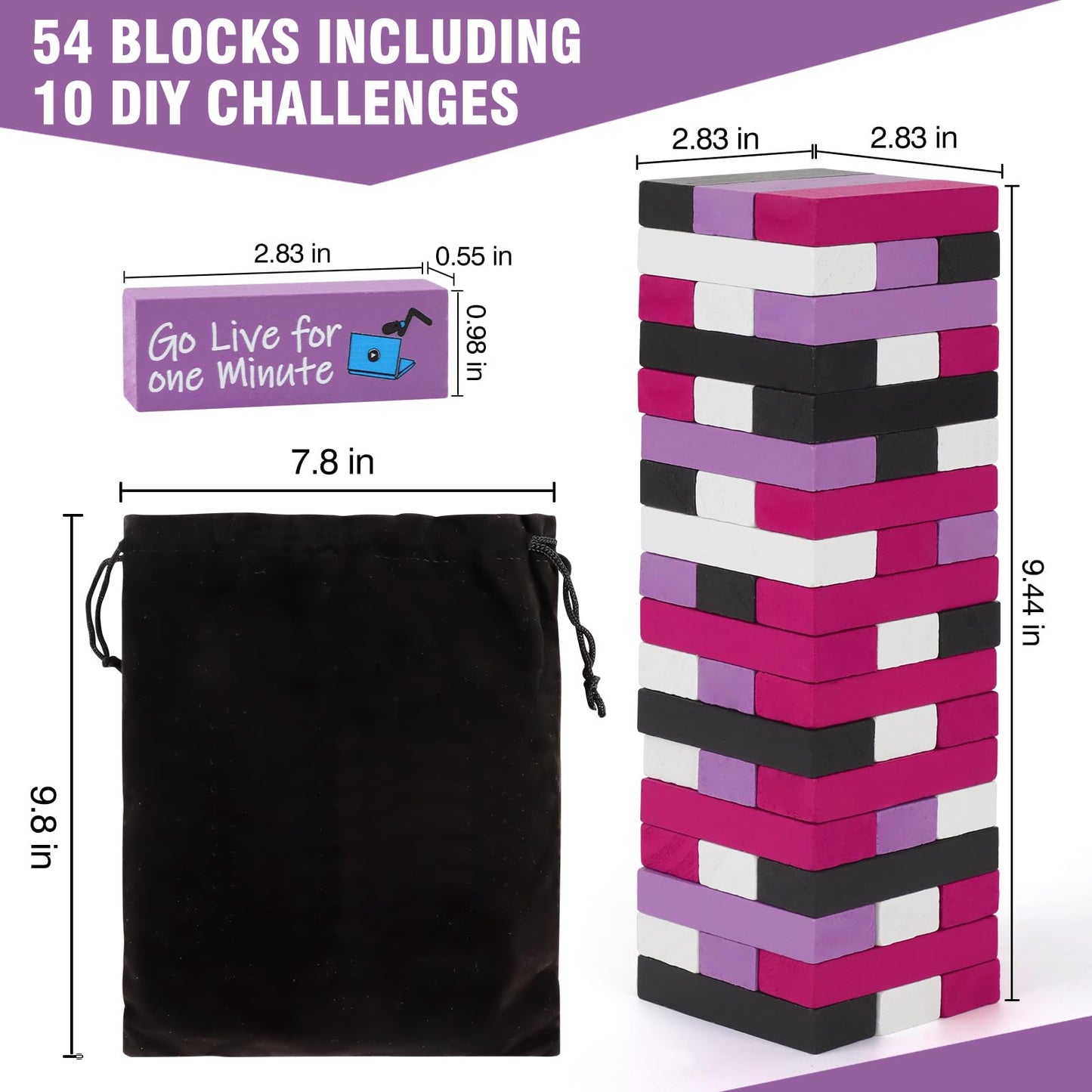 Odewhine 54-Piece Drinking Game Blocks for Adults – 44 Challenges & 10 DIY Blanks