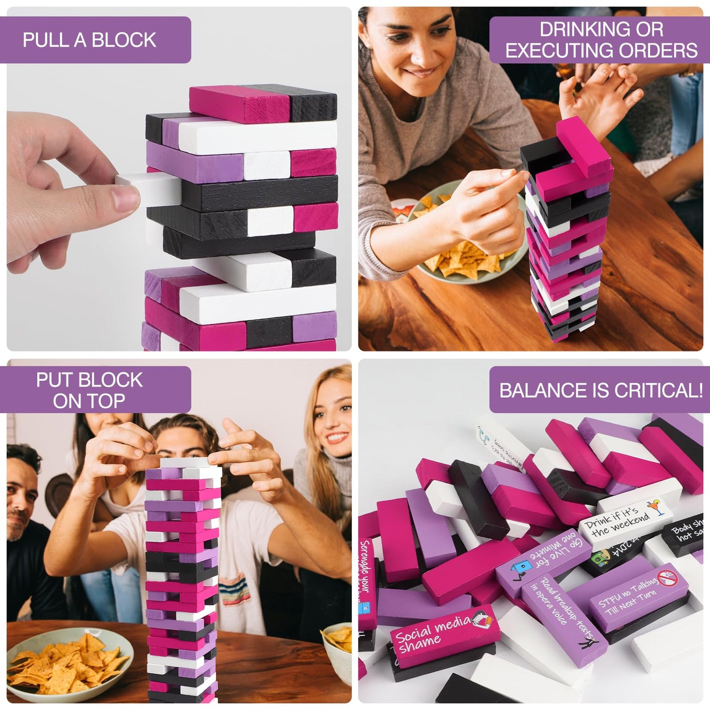 Odewhine 54-Piece Drinking Game Blocks for Adults – 44 Challenges & 10 DIY Blanks