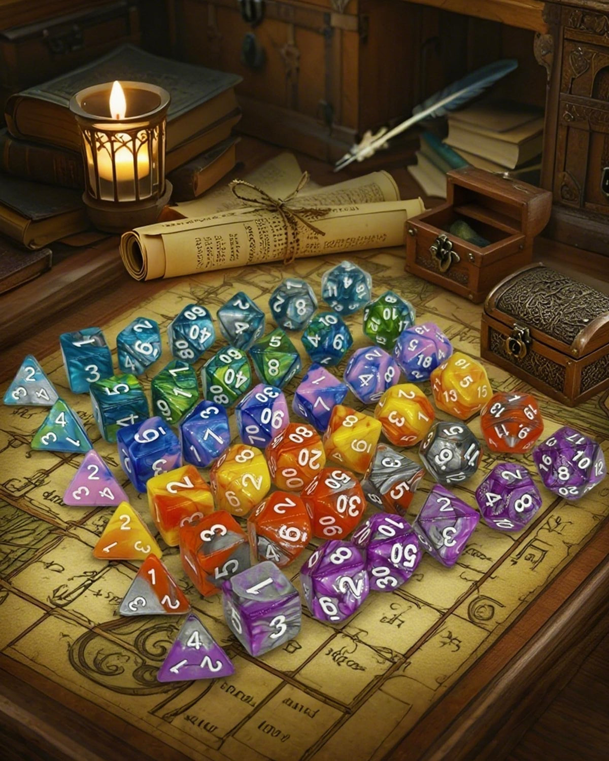 ODINROLL 42-Piece Polyhedral Dice Set – 6 Complete RPG Dice Sets with Storage Pouch