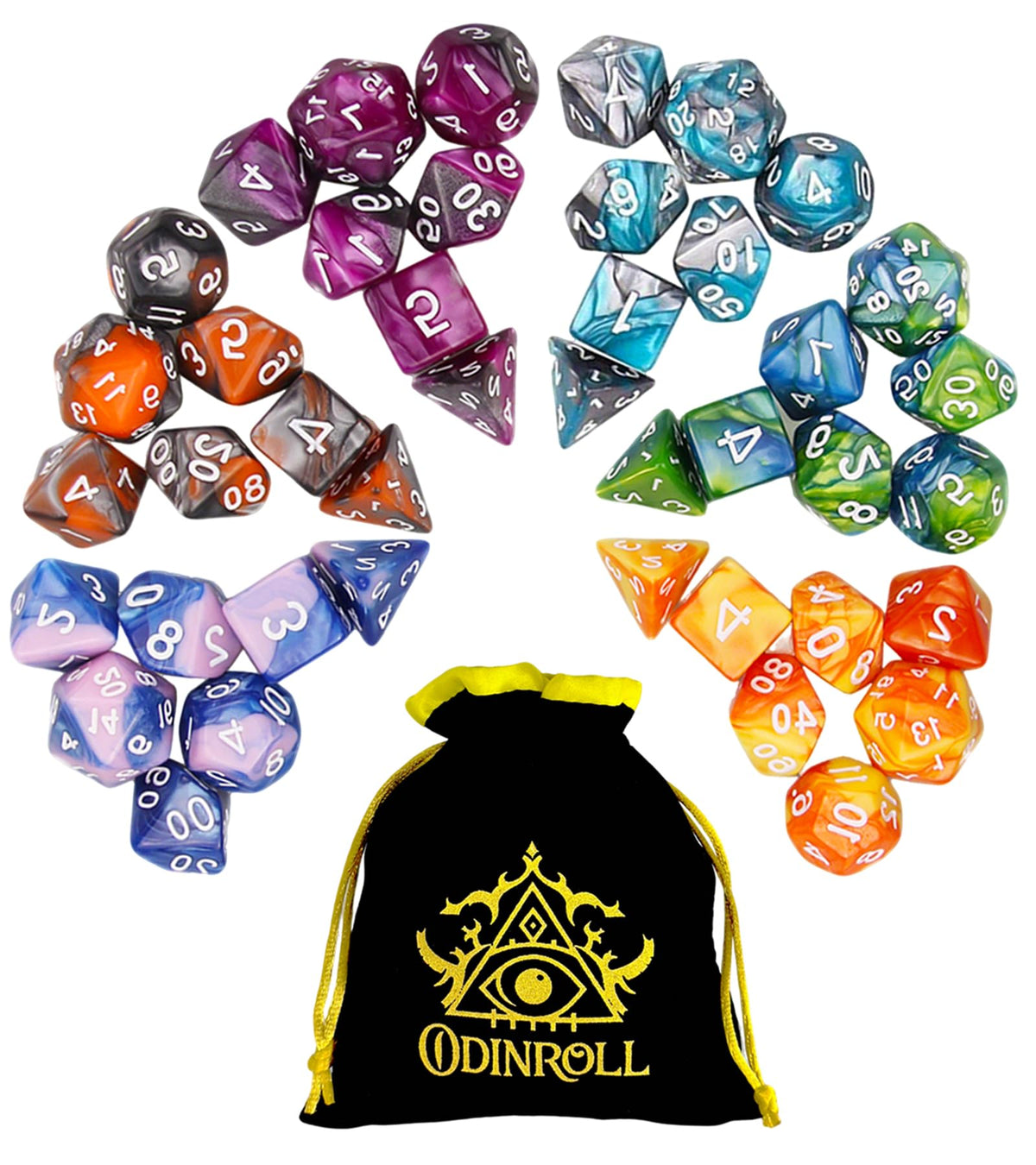 ODINROLL 42-Piece Polyhedral Dice Set – 6 Complete RPG Dice Sets with Storage Pouch