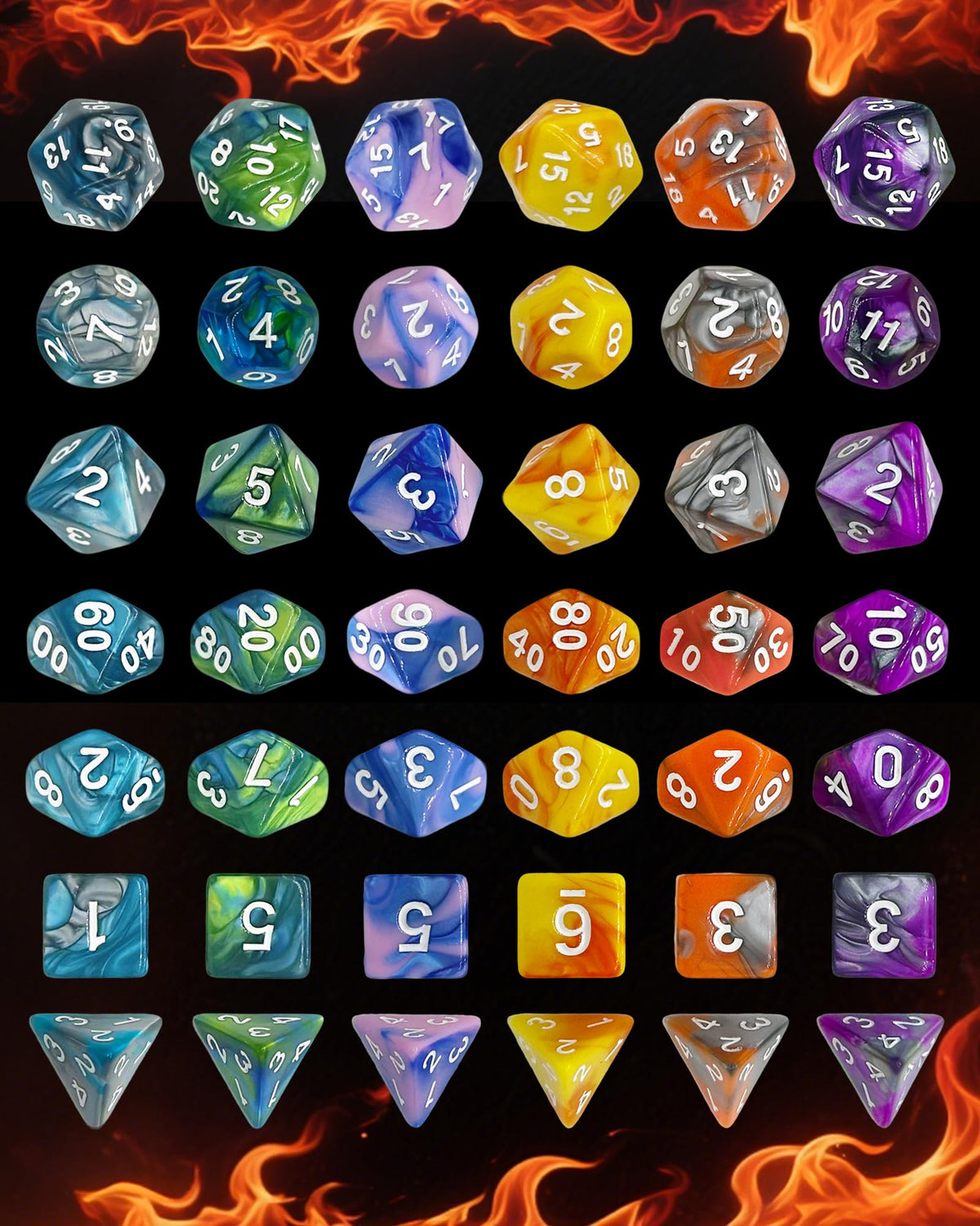 ODINROLL 42-Piece Polyhedral Dice Set – 6 Complete RPG Dice Sets with Storage Pouch
