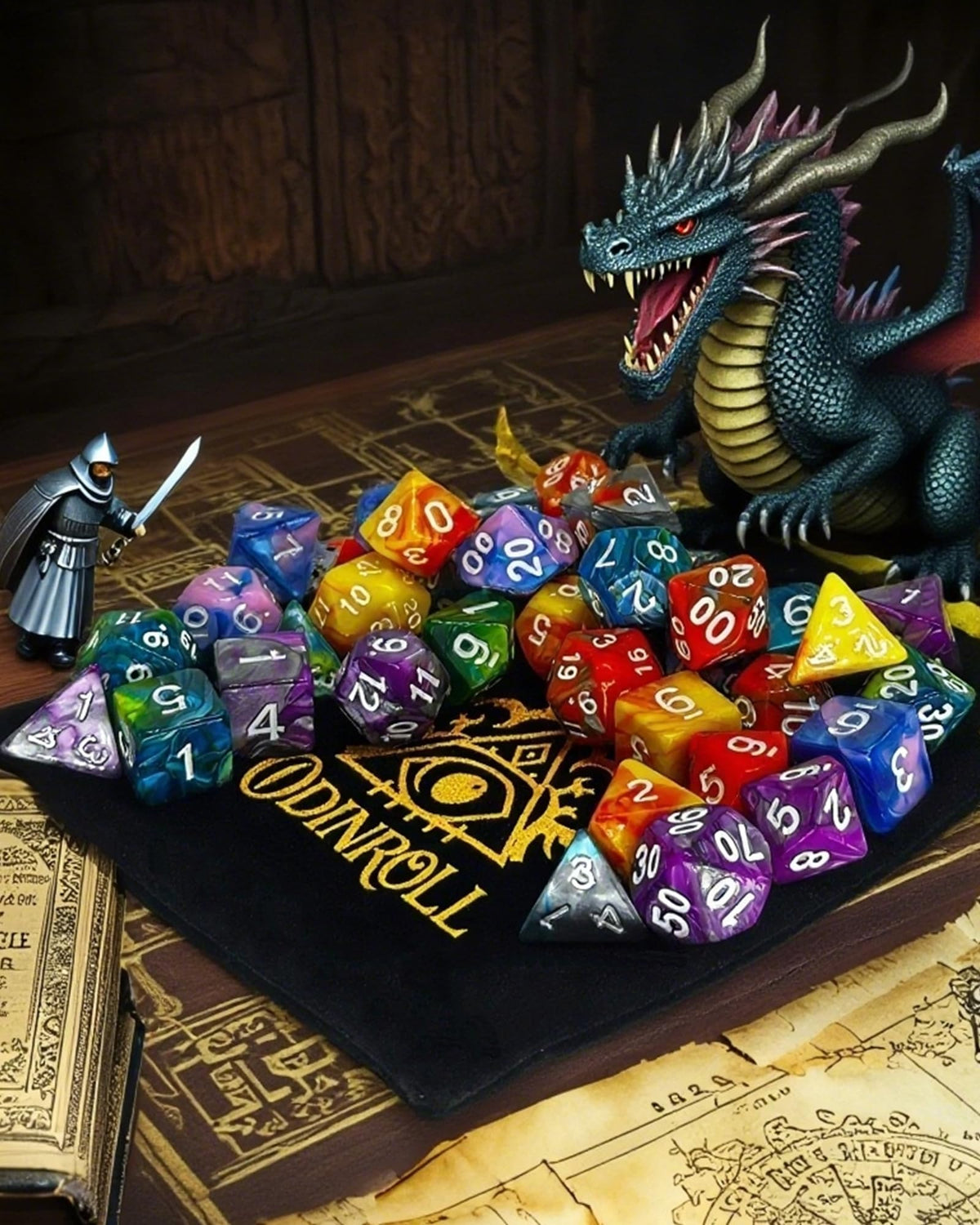 ODINROLL 42-Piece Polyhedral Dice Set – 6 Complete RPG Dice Sets with Storage Pouch