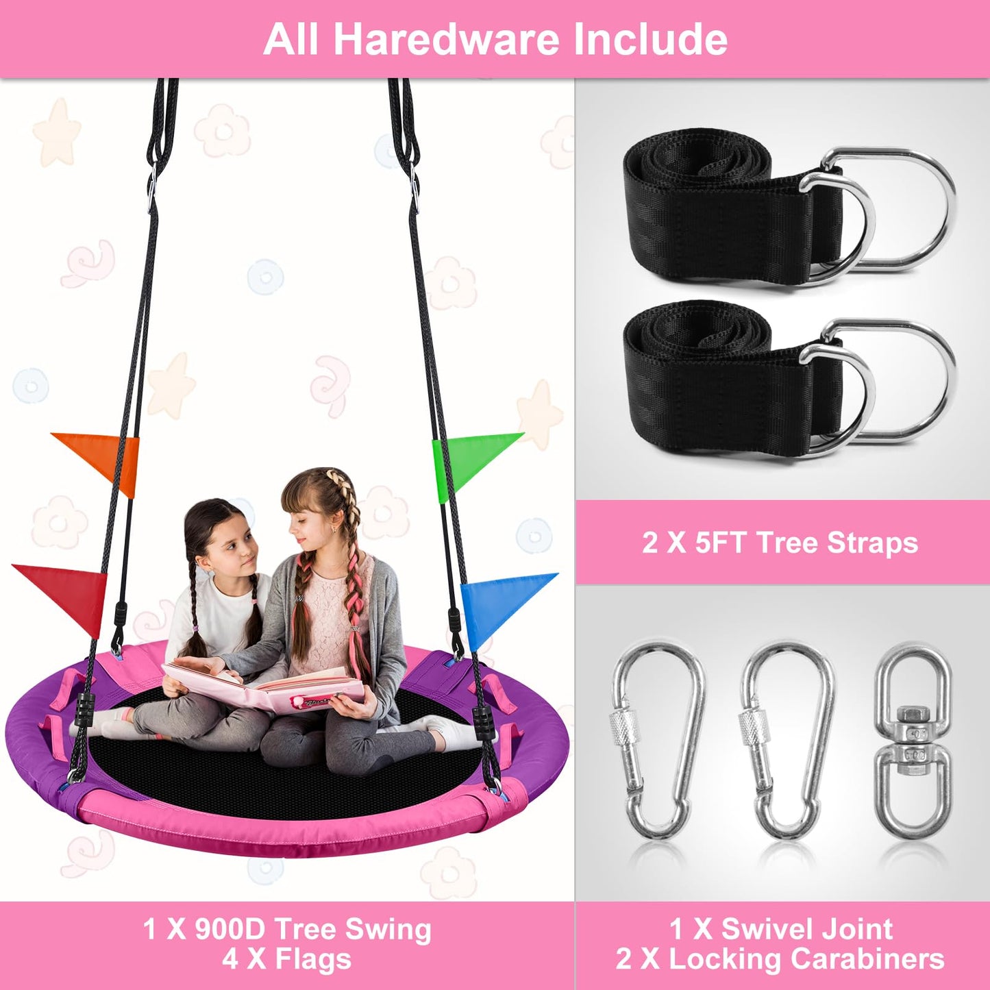 Odoland 40in Saucer Tree Swing – 660lb Capacity Pink Outdoor Kids Swing