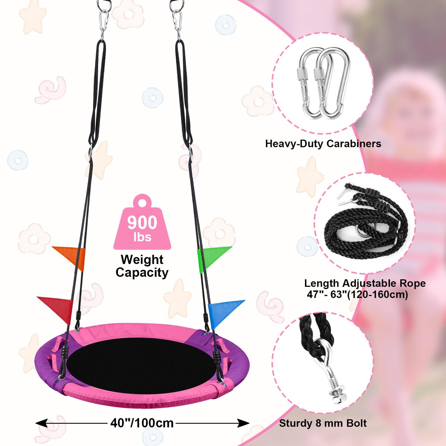 Odoland 40in Saucer Tree Swing – 660lb Capacity Pink Outdoor Kids Swing