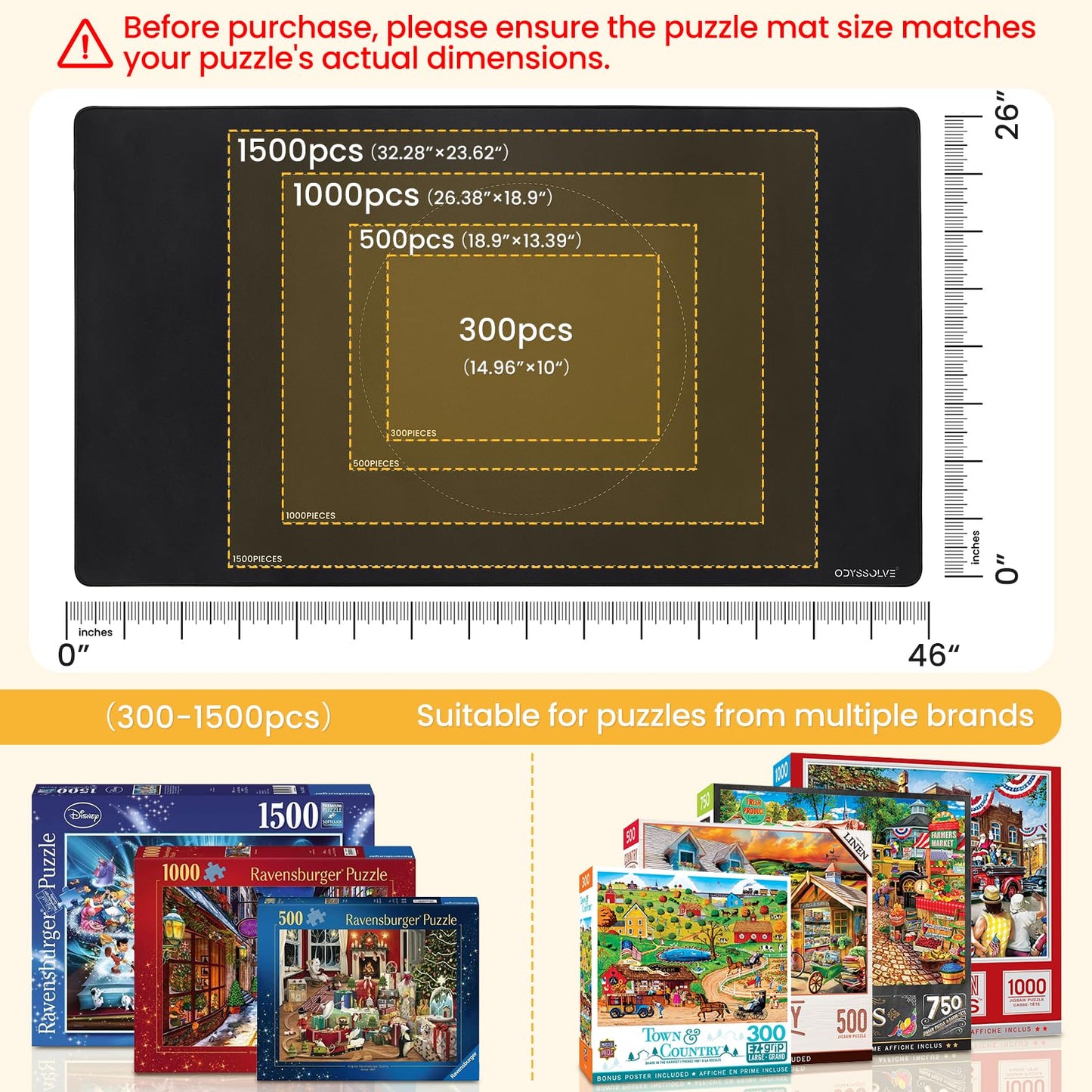 Odyssolve Jigsaw Puzzle Mat Roll Up – 1500 Pieces, 46 x 26, 3 Sorting Trays, Travel Bag