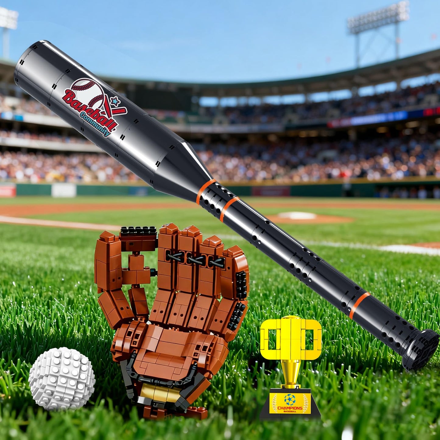 Oeasic Baseball Building Kit for Adults – 1021 PCS Display Model with Bat, Glove & Trophy