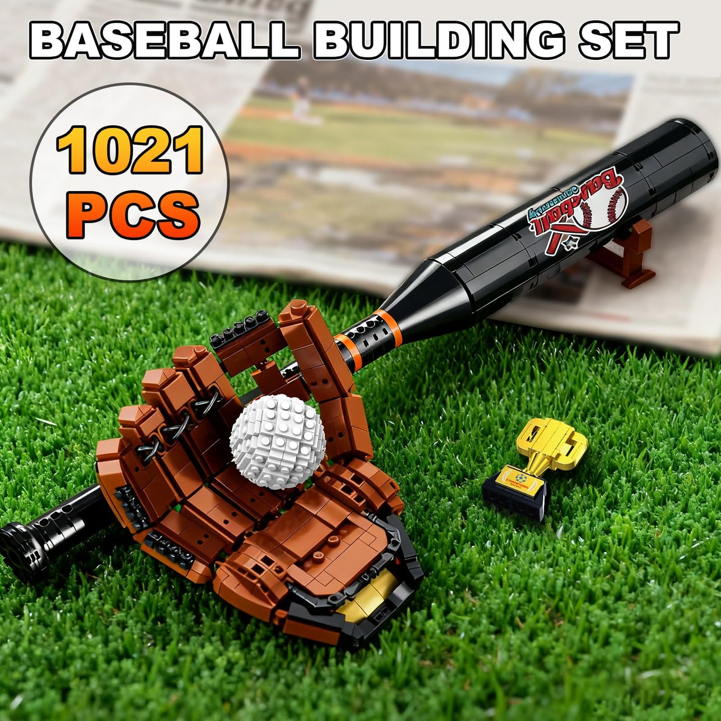 Oeasic Baseball Building Kit for Adults – 1021 PCS Display Model with Bat, Glove & Trophy