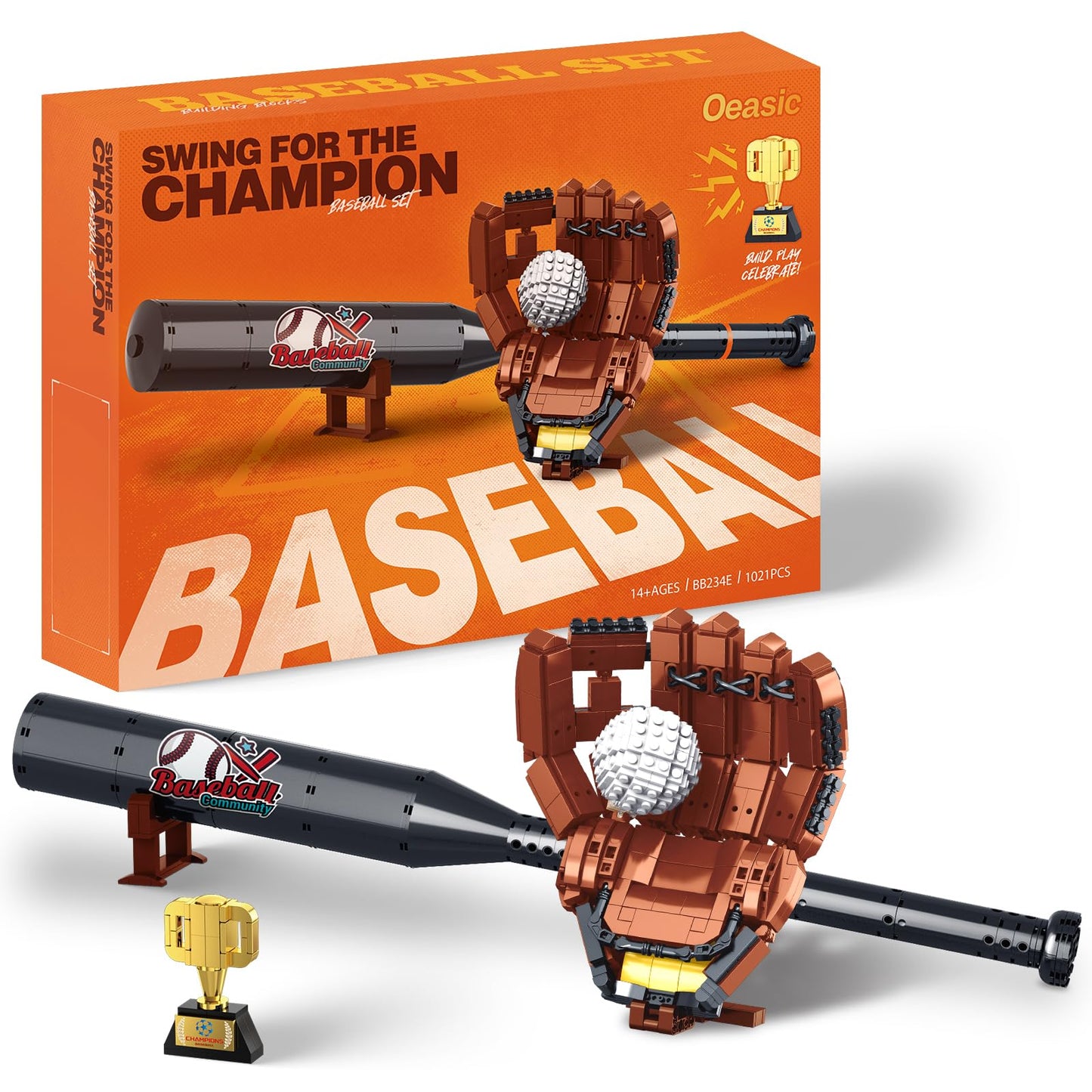 Oeasic Baseball Building Kit for Adults – 1021 PCS Display Model with Bat, Glove & Trophy