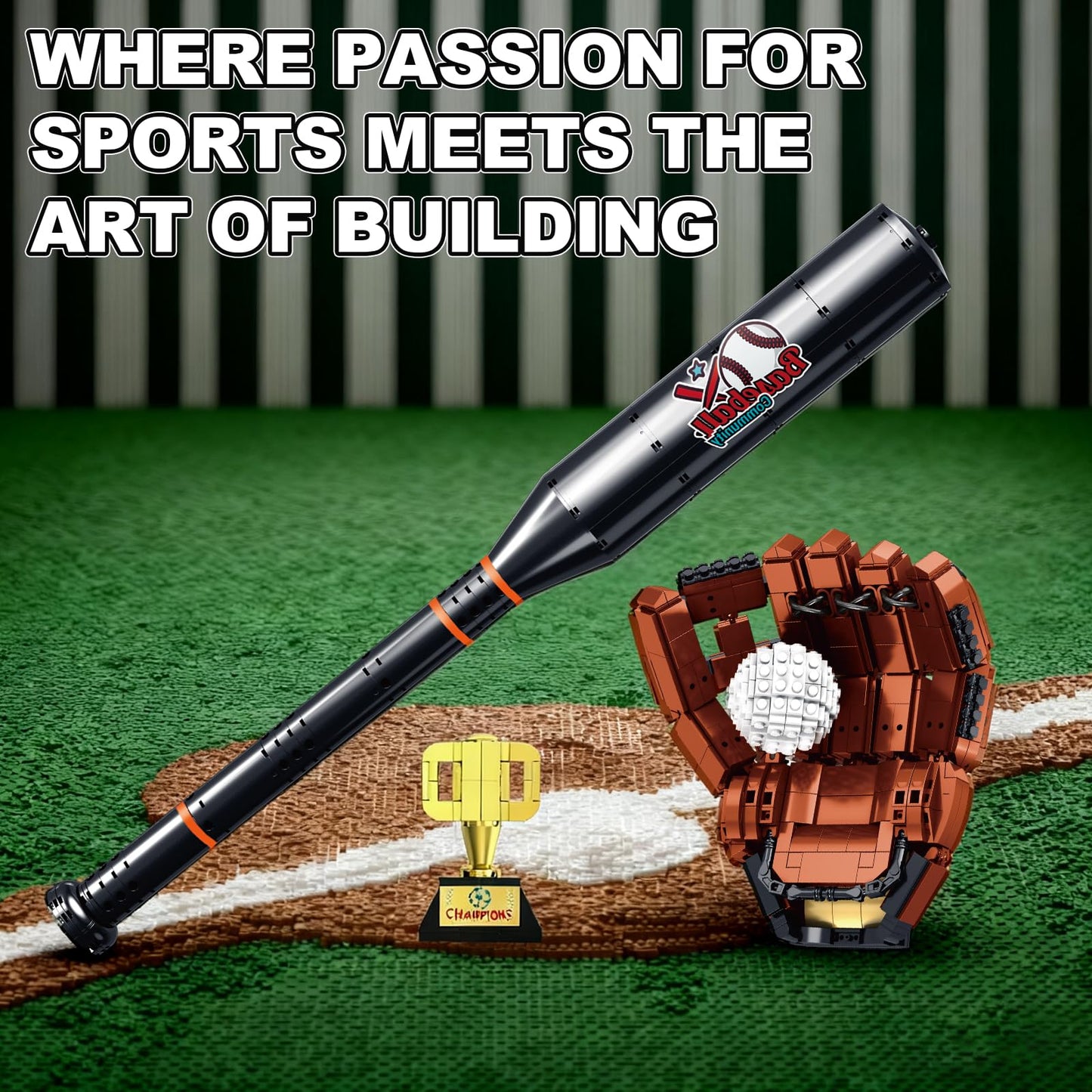 Oeasic Baseball Building Kit for Adults – 1021 PCS Display Model with Bat, Glove & Trophy