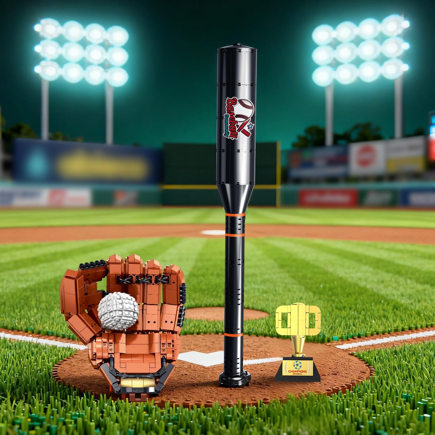 Oeasic Baseball Building Kit for Adults – 1021 PCS Display Model with Bat, Glove & Trophy