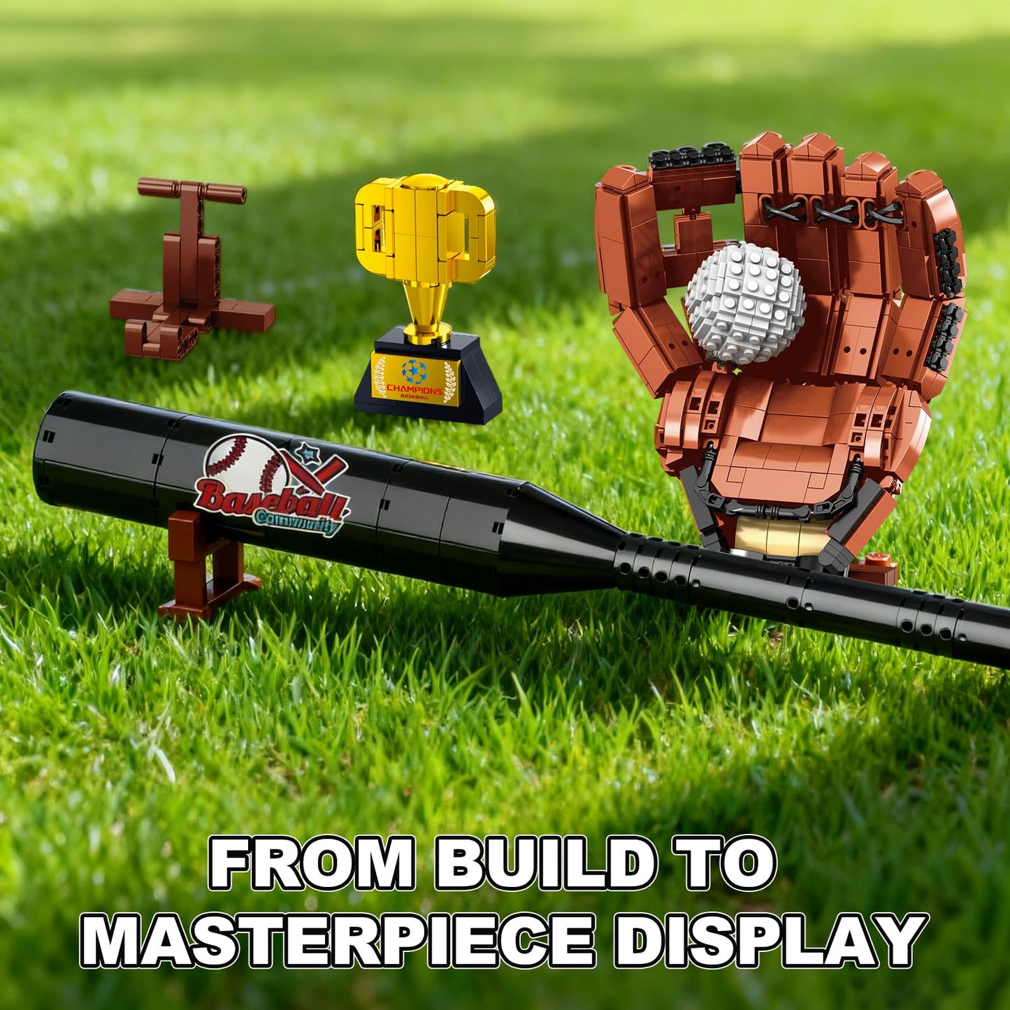 Oeasic Baseball Building Kit for Adults – 1021 PCS Display Model with Bat, Glove & Trophy