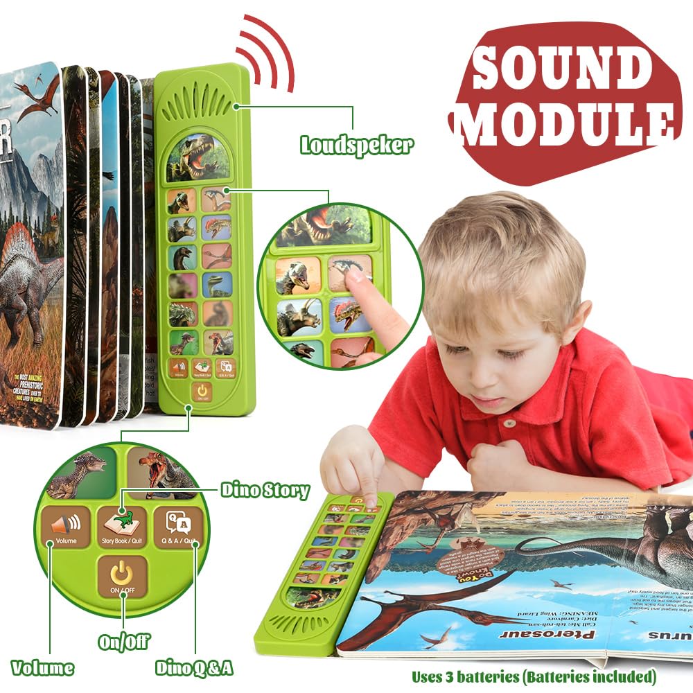 OENUX Dinosaur Toys with Interactive Sound Book – 12 Dino Figures for Kids 3-7