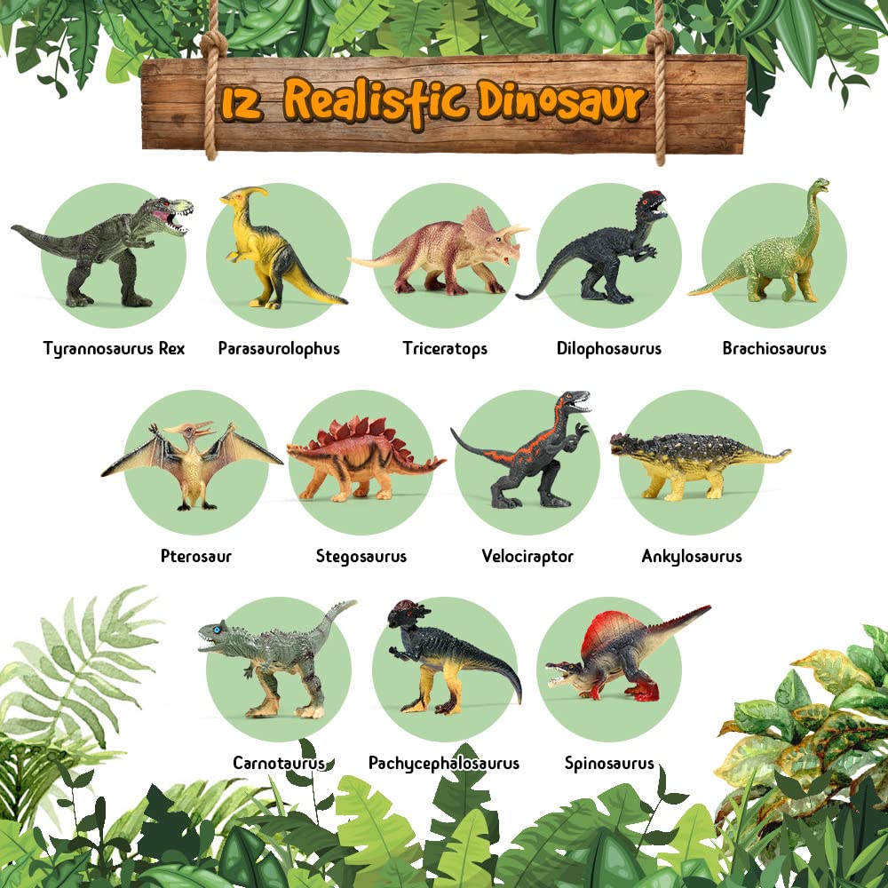 OENUX Dinosaur Toys with Interactive Sound Book – 12 Dino Figures for Kids 3-7