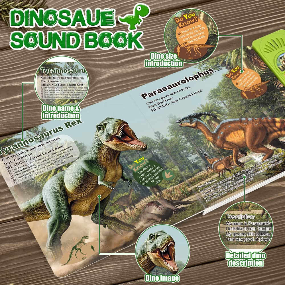 OENUX Dinosaur Toys with Interactive Sound Book – 12 Dino Figures for Kids 3-7