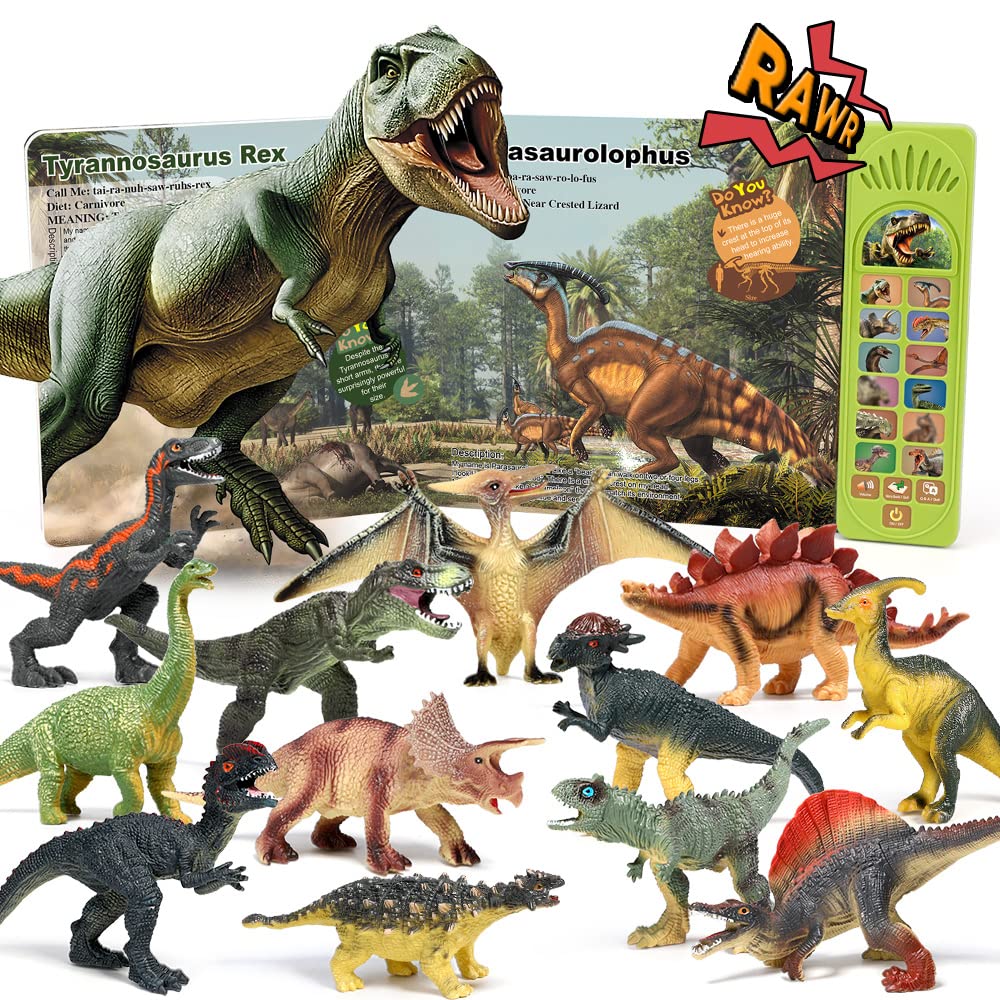 OENUX Dinosaur Toys with Interactive Sound Book – 12 Dino Figures for Kids 3-7