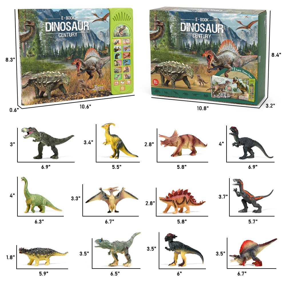 OENUX Dinosaur Toys with Interactive Sound Book – 12 Dino Figures for Kids 3-7