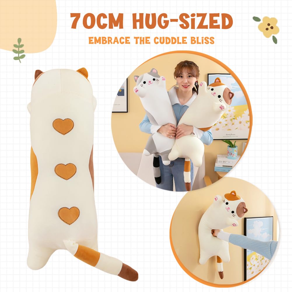 Oeonuas Cat Plush Long Body Pillow – 27in Beige, Soft Huggable Kitty