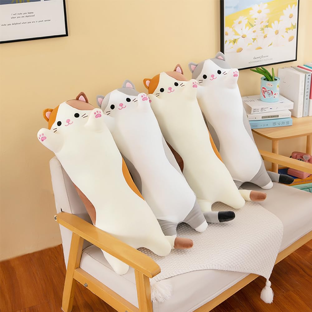 Oeonuas Cat Plush Long Body Pillow – 27in Beige, Soft Huggable Kitty