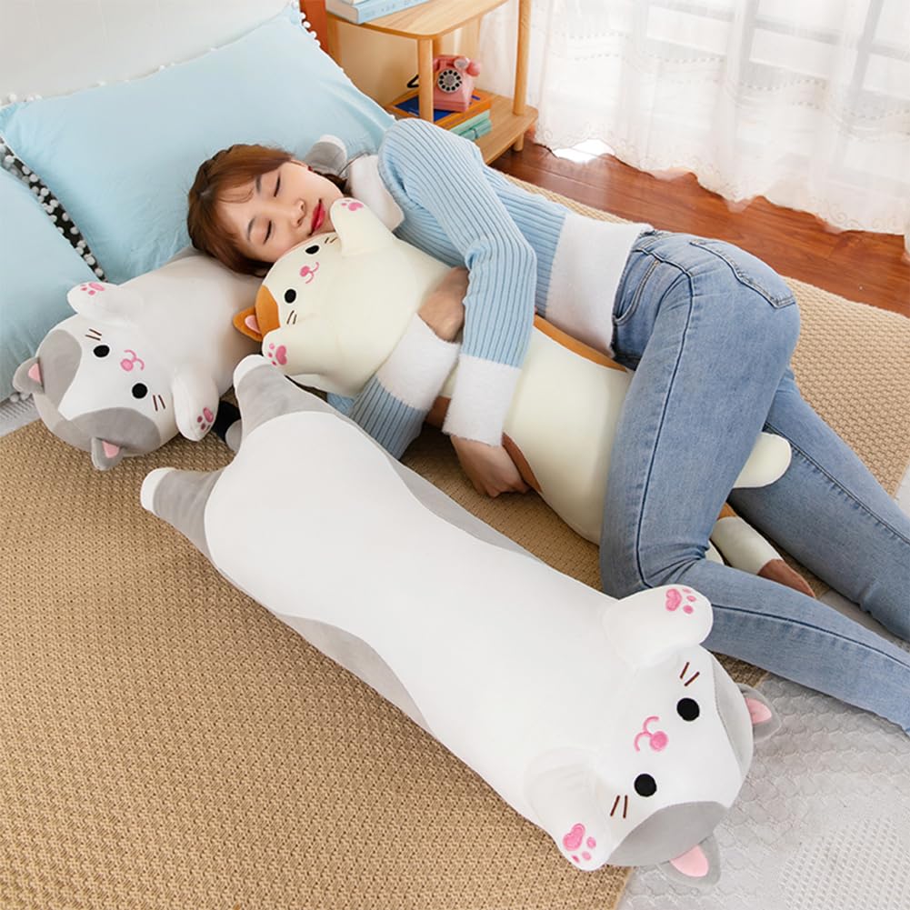 Oeonuas Cat Plush Long Body Pillow – 27in Beige, Soft Huggable Kitty