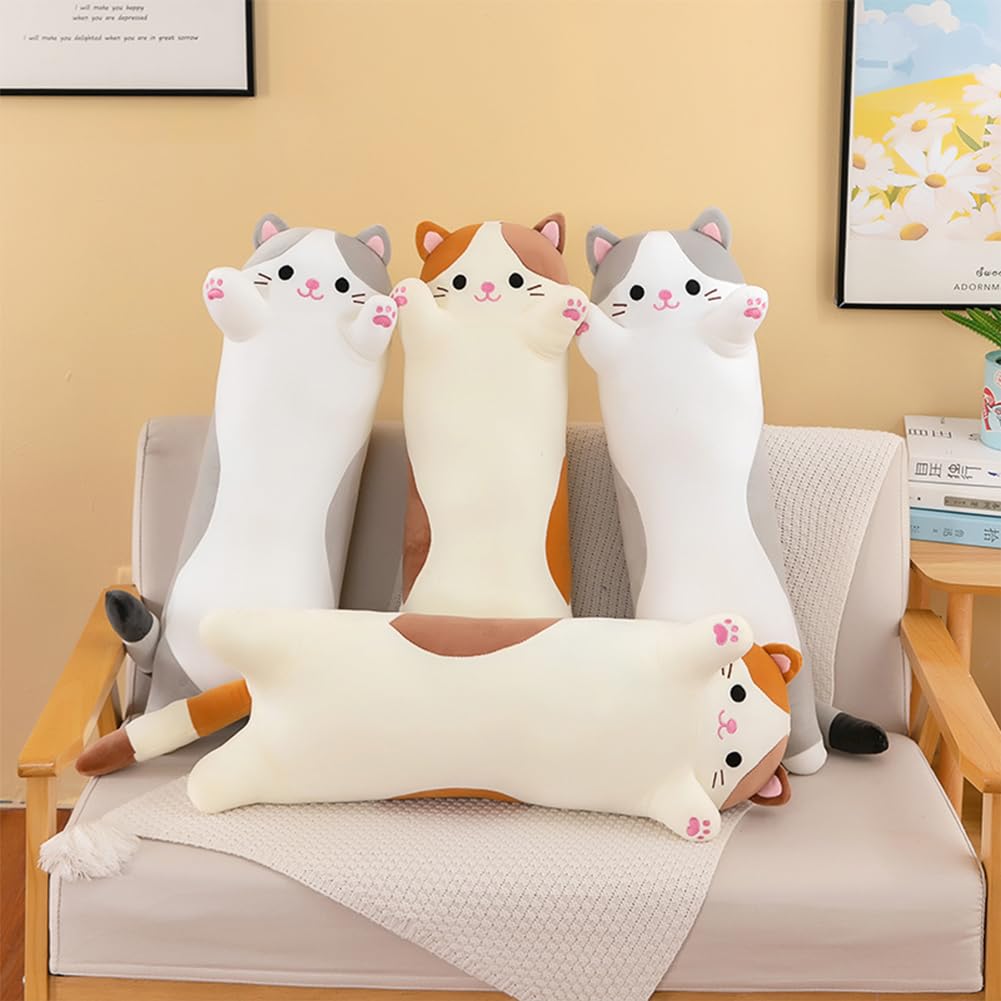Oeonuas Cat Plush Long Body Pillow – 27in Beige, Soft Huggable Kitty