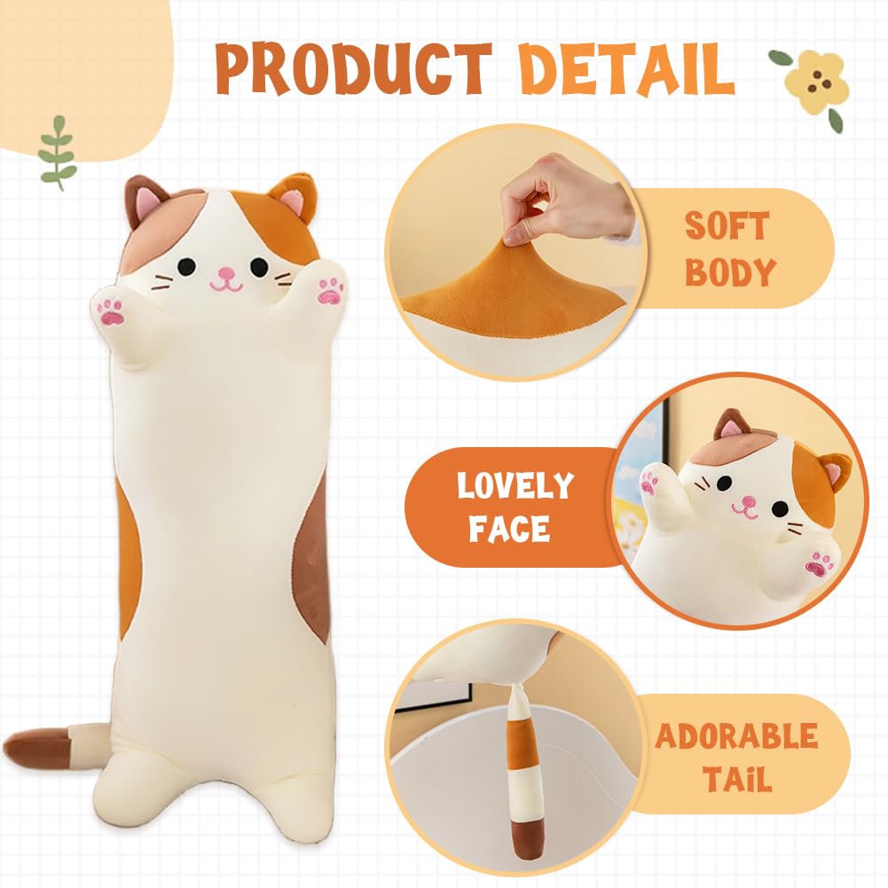 Oeonuas Cat Plush Long Body Pillow – 27in Beige, Soft Huggable Kitty