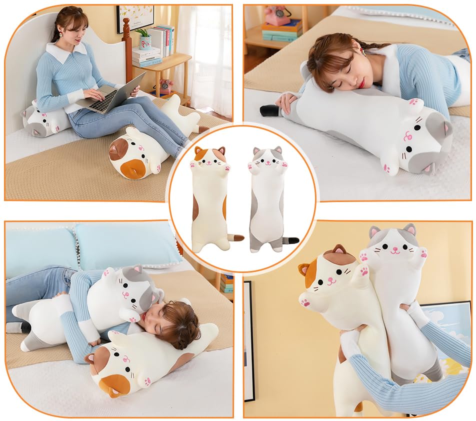 Oeonuas Cat Plush – 27in Long Body Pillow, Soft Gray Kitty Pillow for Cozy Naps