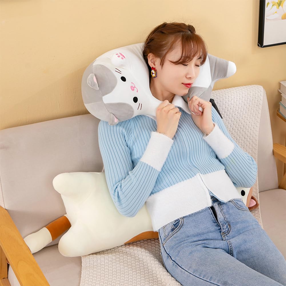 Oeonuas Cat Plush – 27in Long Body Pillow, Soft Gray Kitty Pillow for Cozy Naps