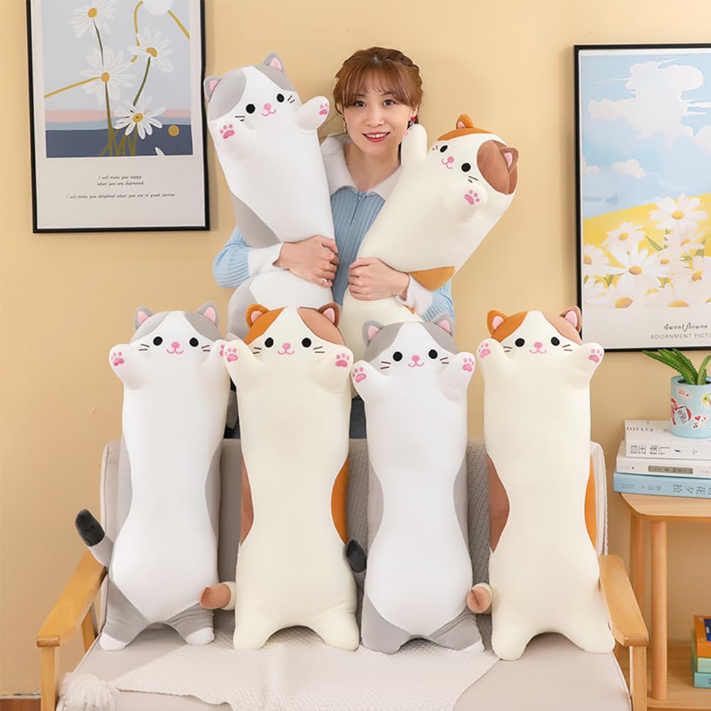 Oeonuas Cat Plush – 27in Long Body Pillow, Soft Gray Kitty Pillow for Cozy Naps