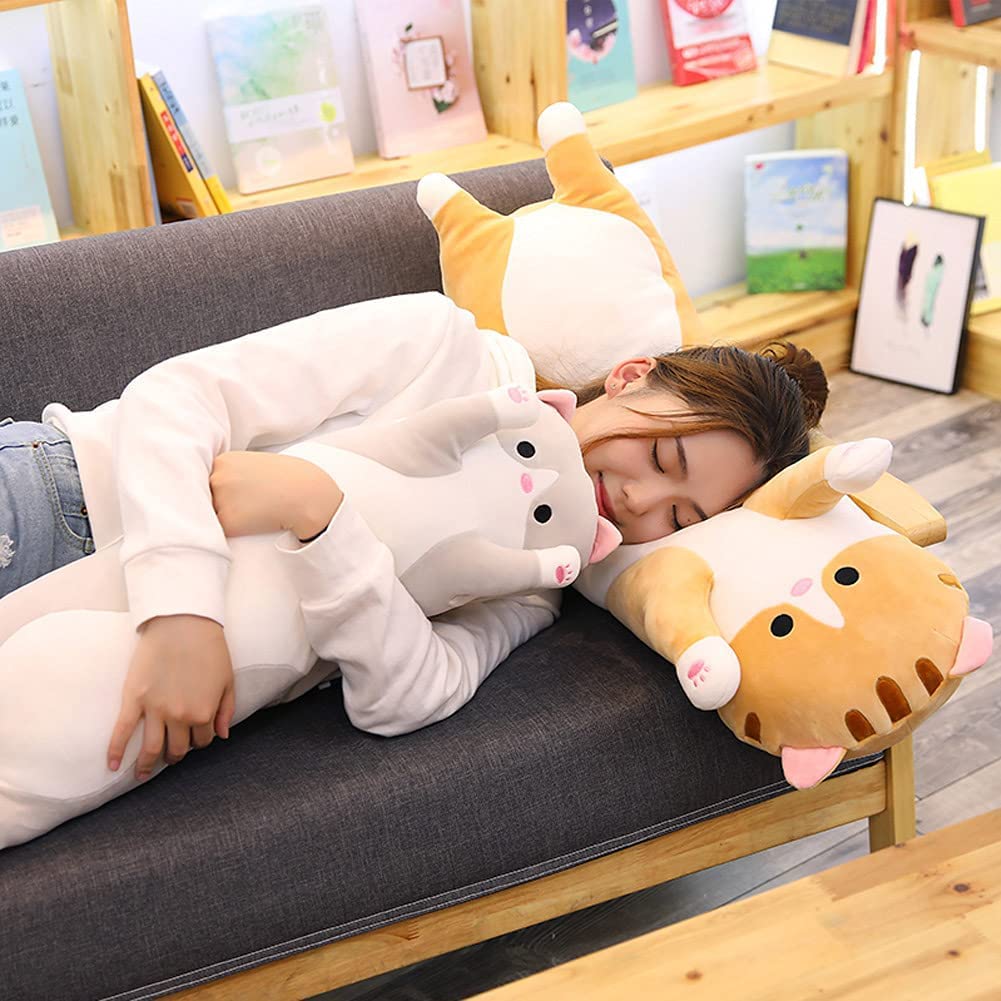 Oeonuas Cute Cat Plush Long Body Pillow – Cozy Gray 27in Cat Plushie
