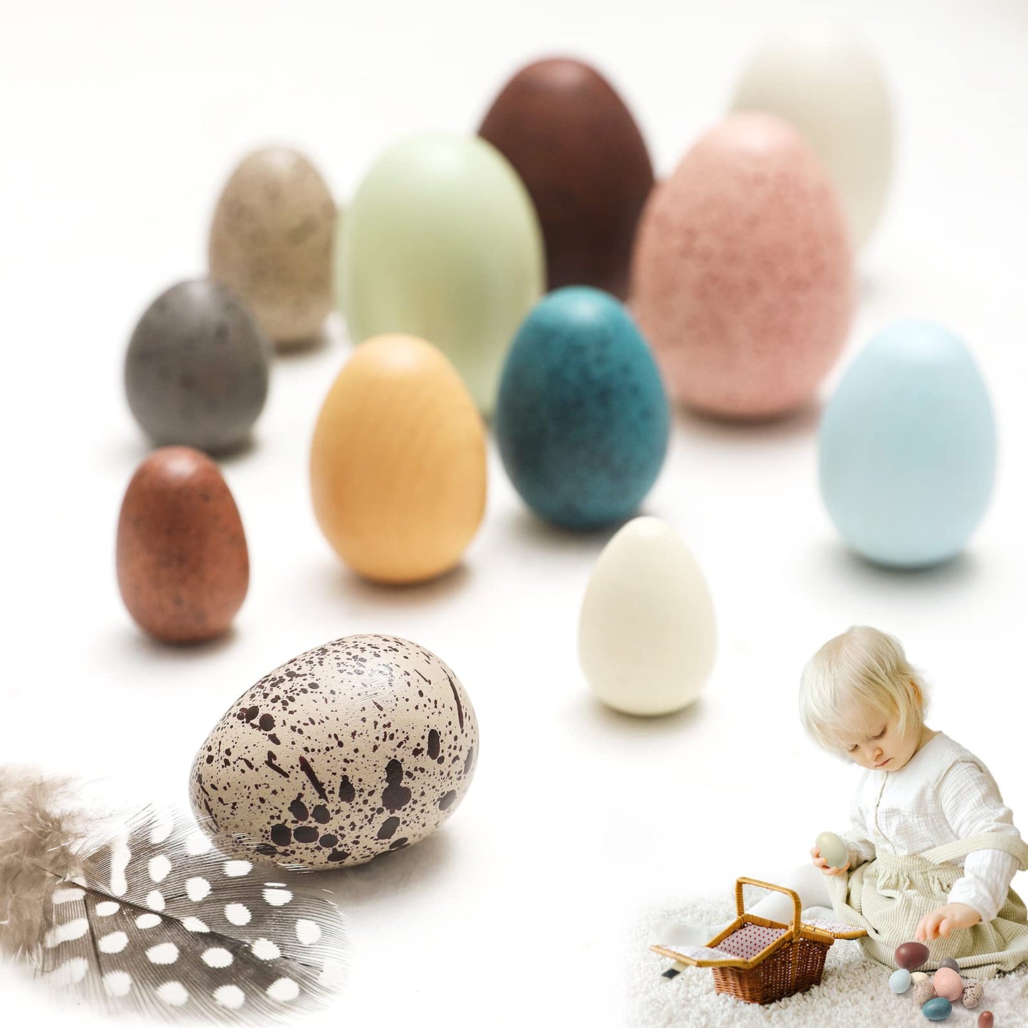 OESSUF Wooden Eggs Set – 12-Piece Beech Wood Easter Eggs for Toddlers | Pretend Play & Decor