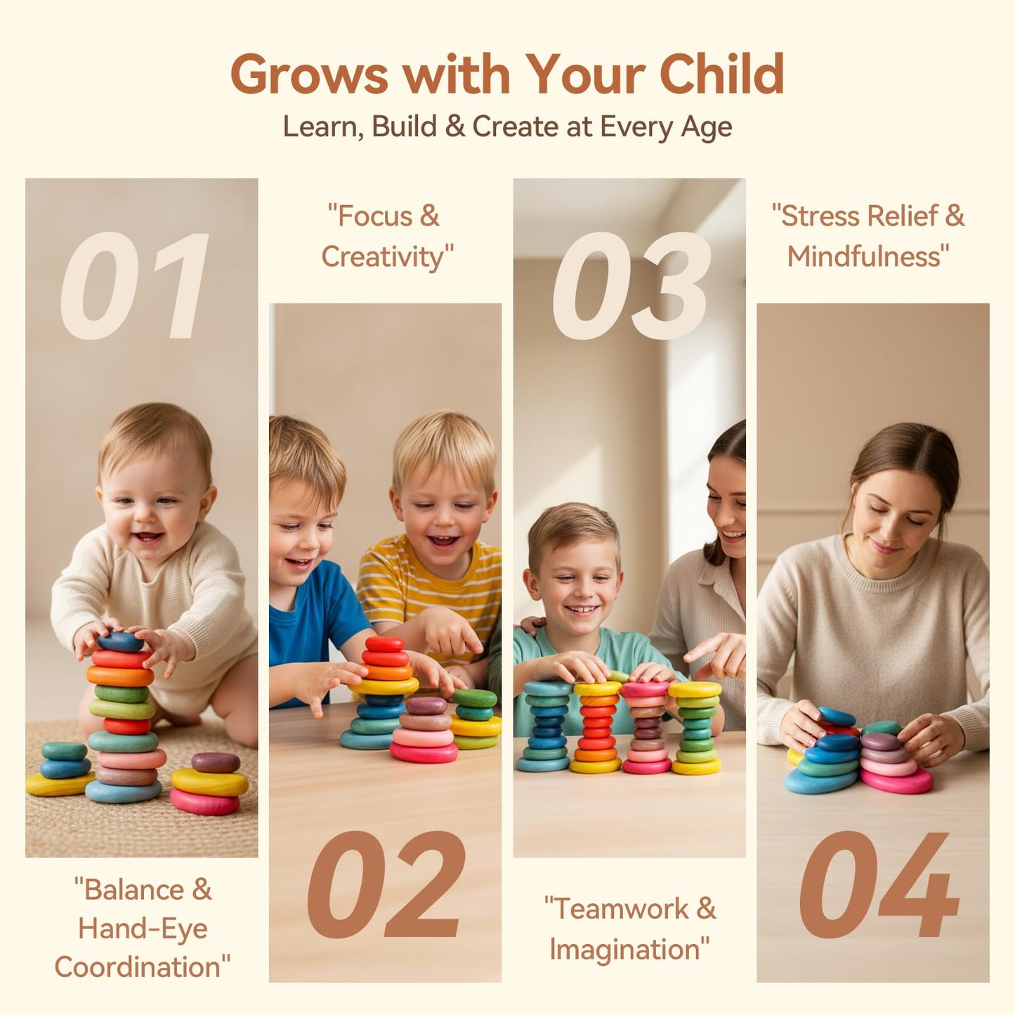 OESSUF Extra-Large Stacking Rocks – 16 Pcs Wooden Montessori Toys for Toddlers 1-3