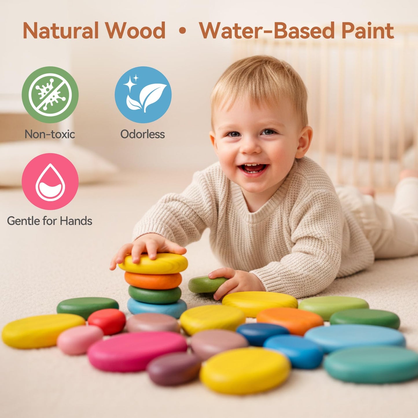 OESSUF Extra-Large Stacking Rocks – 16 Pcs Wooden Montessori Toys for Toddlers 1-3