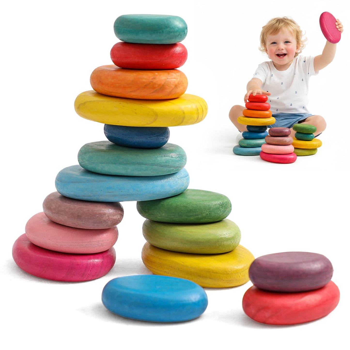 OESSUF Extra-Large Stacking Rocks – 16 Pcs Wooden Montessori Toys for Toddlers 1-3