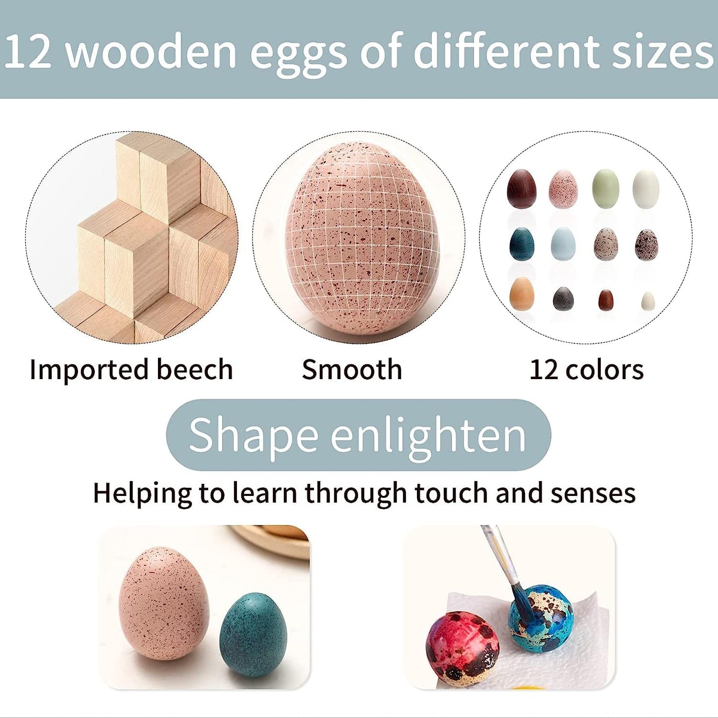 OESSUF Wooden Eggs Set – 12-Piece Beech Wood Easter Eggs for Toddlers | Pretend Play & Decor