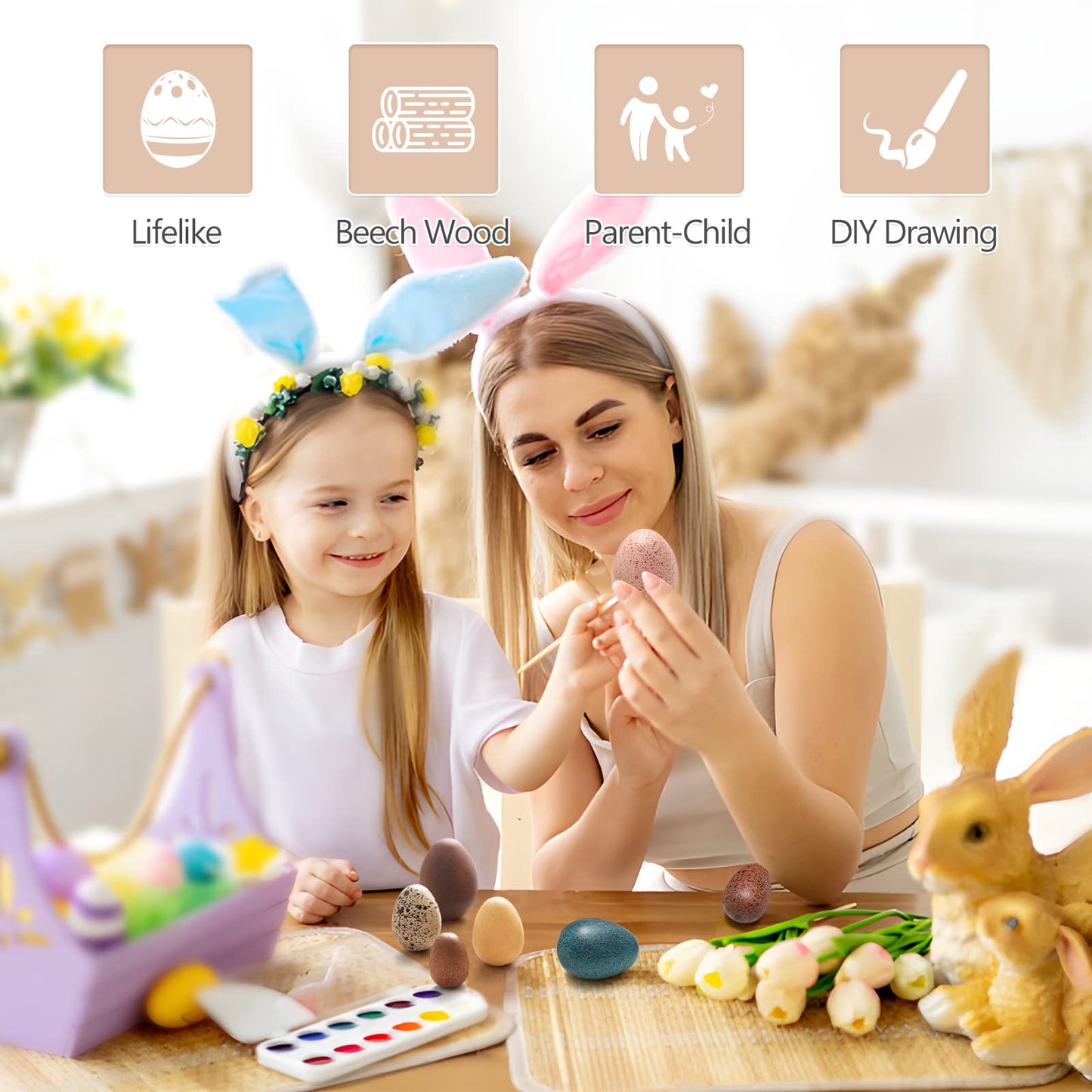 OESSUF Wooden Eggs Set – 12-Piece Beech Wood Easter Eggs for Toddlers | Pretend Play & Decor