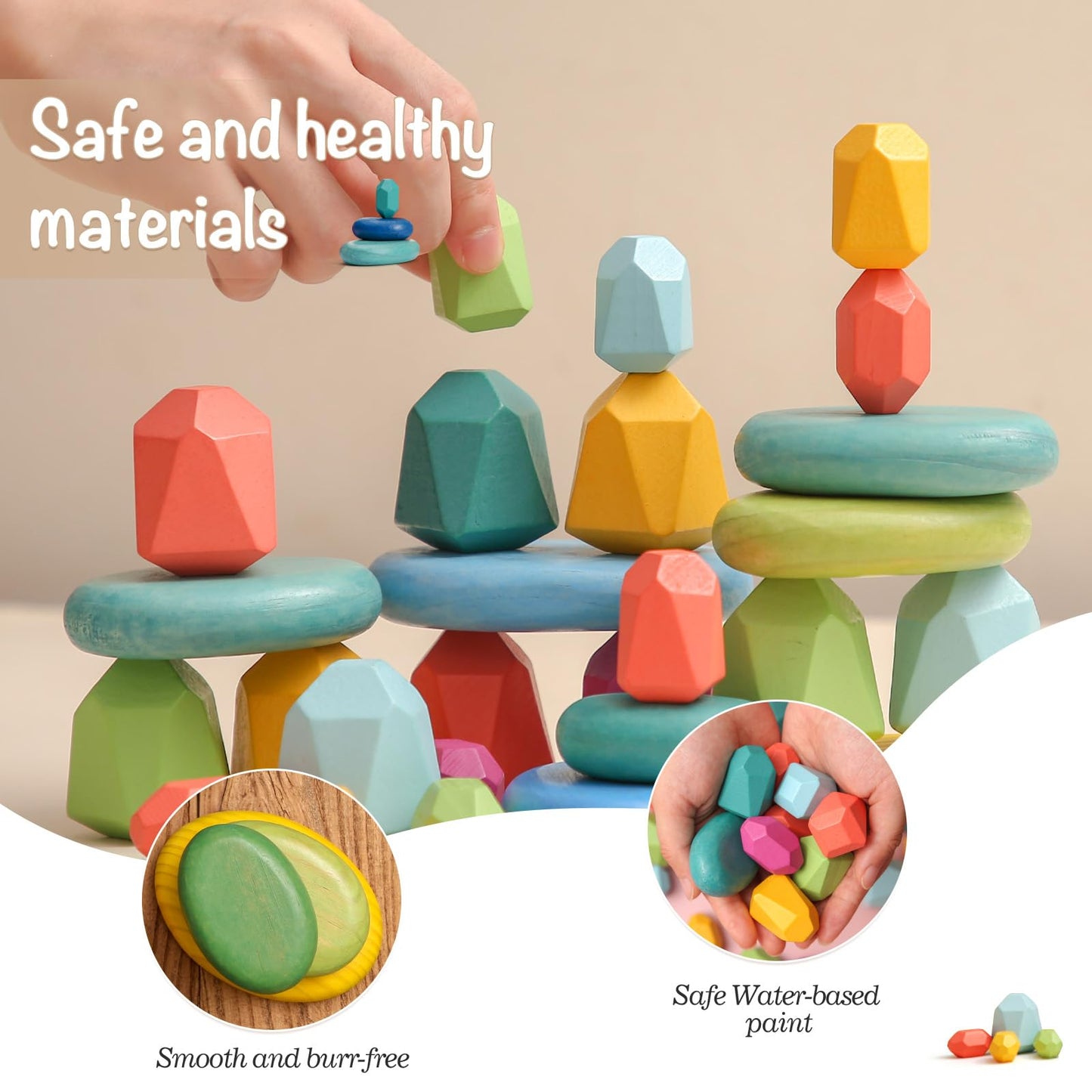 OESSUF Stacking Rocks 26Pcs – Wooden Blocks & Montessori Stones for Kids
