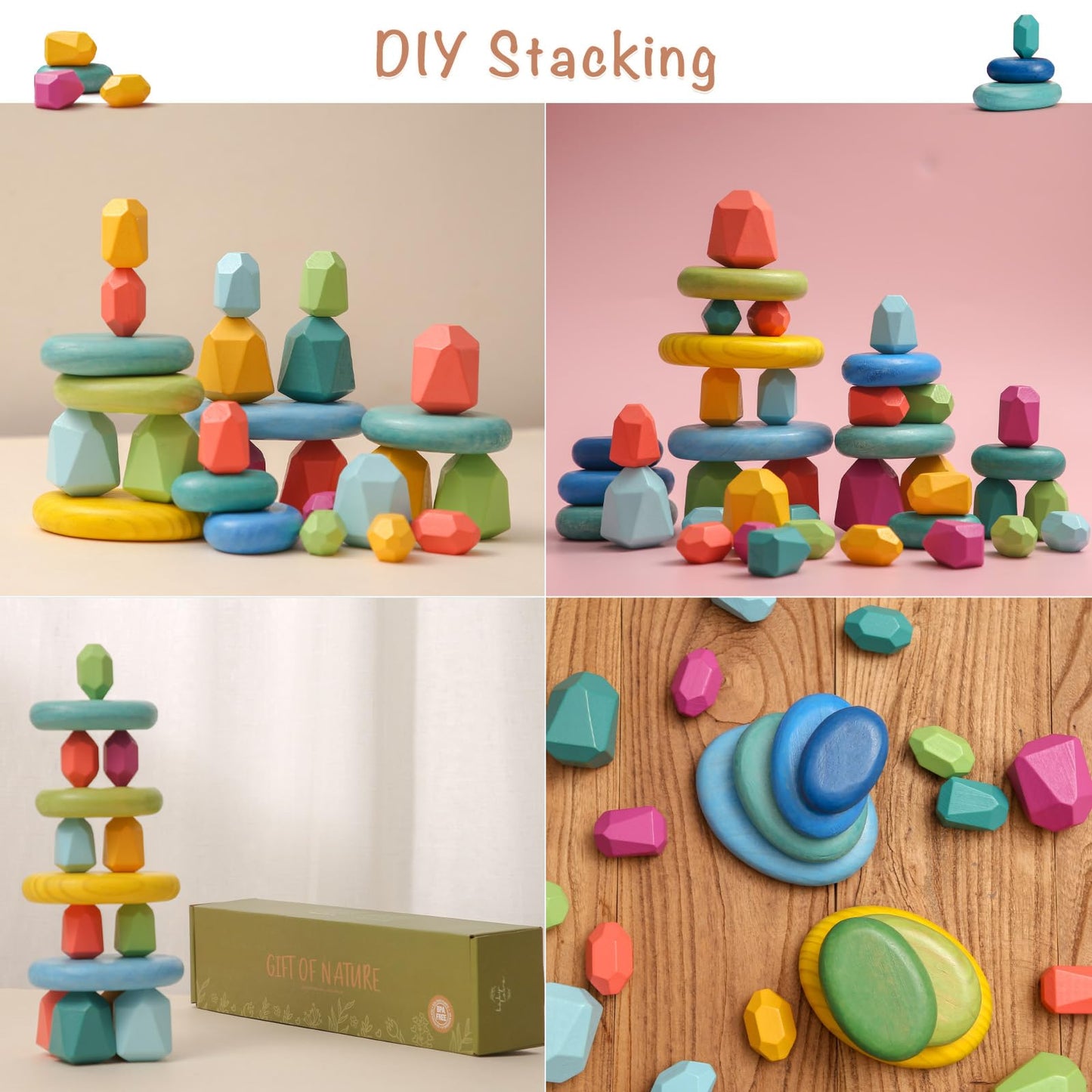 OESSUF Stacking Rocks 26Pcs – Wooden Blocks & Montessori Stones for Kids